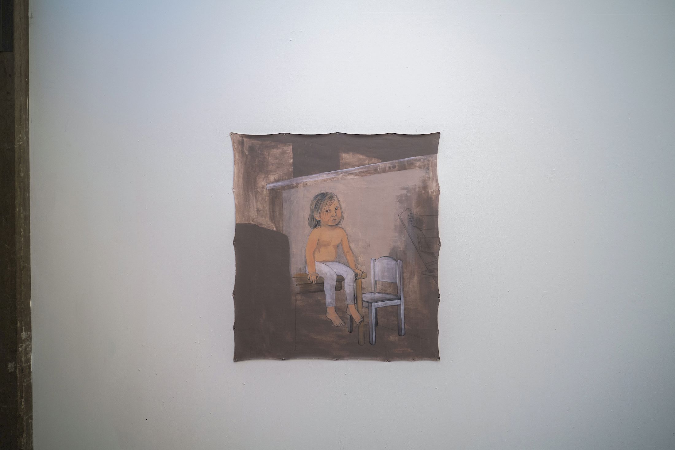 Exhibition View Duo Show Hugo Baud and Olive Godlee «Surely Tomorrow ; view on Ada in Trouble, 2025, water soluble graphite, acrylic and ink on unstretched canvas» at Espace Sébeillon, Lausanne, 2025 / Photo: Daniel Walcher / Courtesy: the artists and Espace Sébeillon