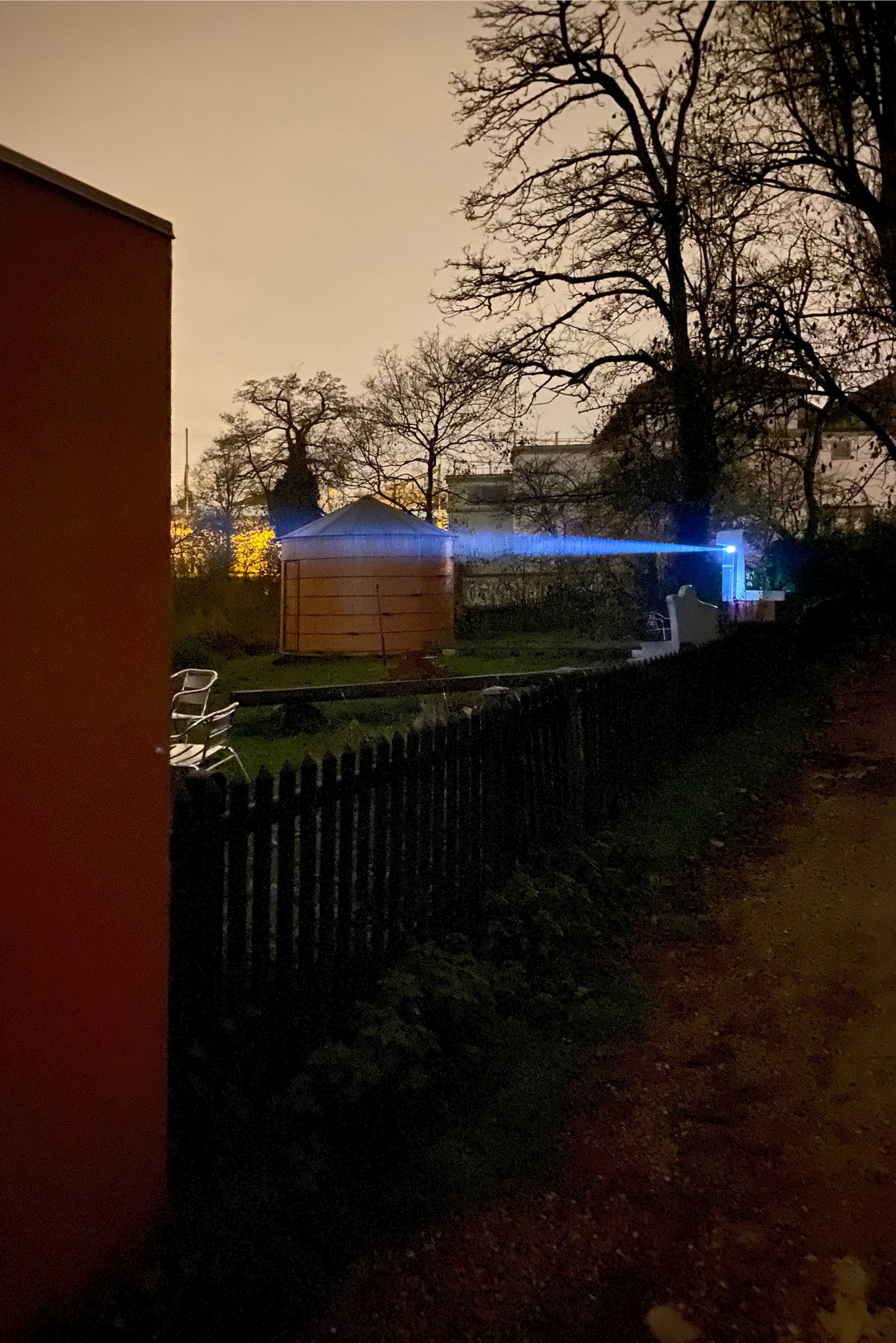 Exhibition View Solo Show Hunter Longe «Entgleitungen ; view on Degradation Pathway, 2025, (detail), laser distance sensor, mounting system, projector, video loop, lenses, dimensions variable» at City SALTS, Baselland, 2025-2026 / Photo: Nicolas Gysin / Courtesy: the artist and City SALTS