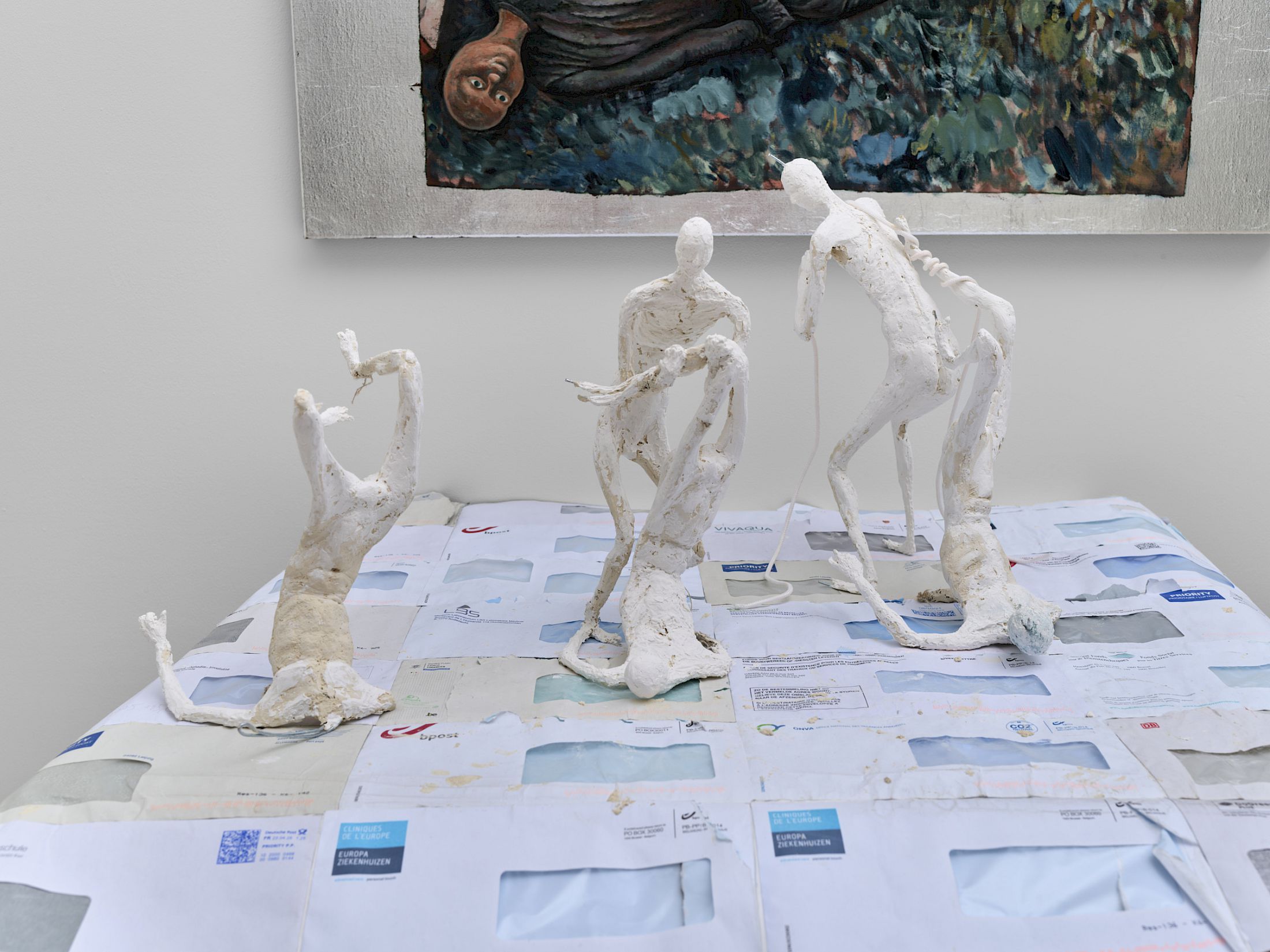 Exhibition View Solo Show Jannis Marwitz «FISH, fish ; view on Radiator Piece, 2025–2026, wire, fabric, plaster, animal glue, tempera, envelopes, dimensions variable» at Damien and the Love Guru, Zurich, 2026 / Photo: Felix Jungo / Courtesy: the artist and Damien and the Love Guru