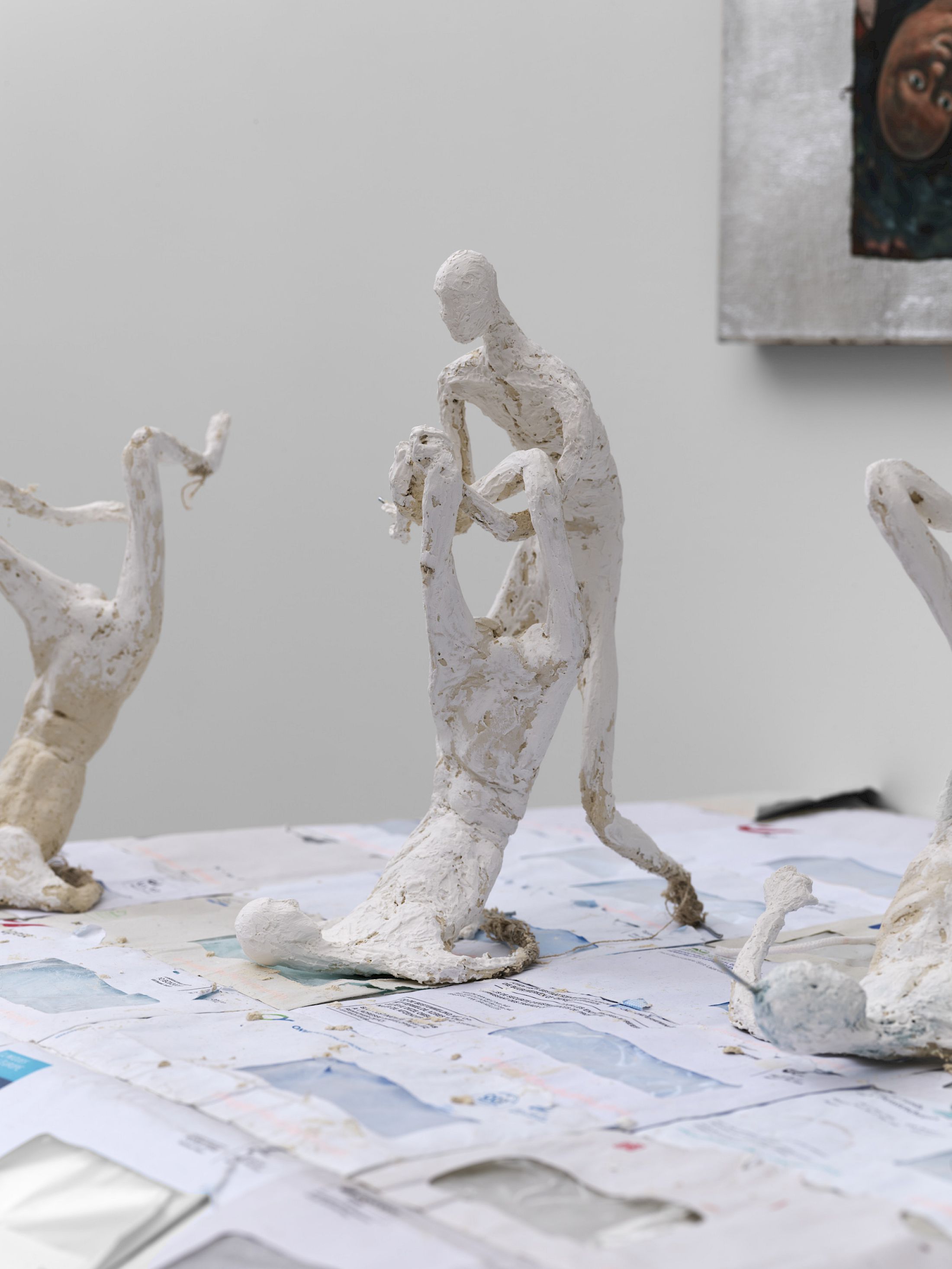 Exhibition View Solo Show Jannis Marwitz «FISH, fish ; view on Radiator Piece, detail, 2025–2026, wire, fabric, plaster, animal glue, tempera, envelopes, dimensions variable» at Damien and the Love Guru, Zurich, 2026 / Photo: Felix Jungo / Courtesy: the artist and Damien and the Love Guru