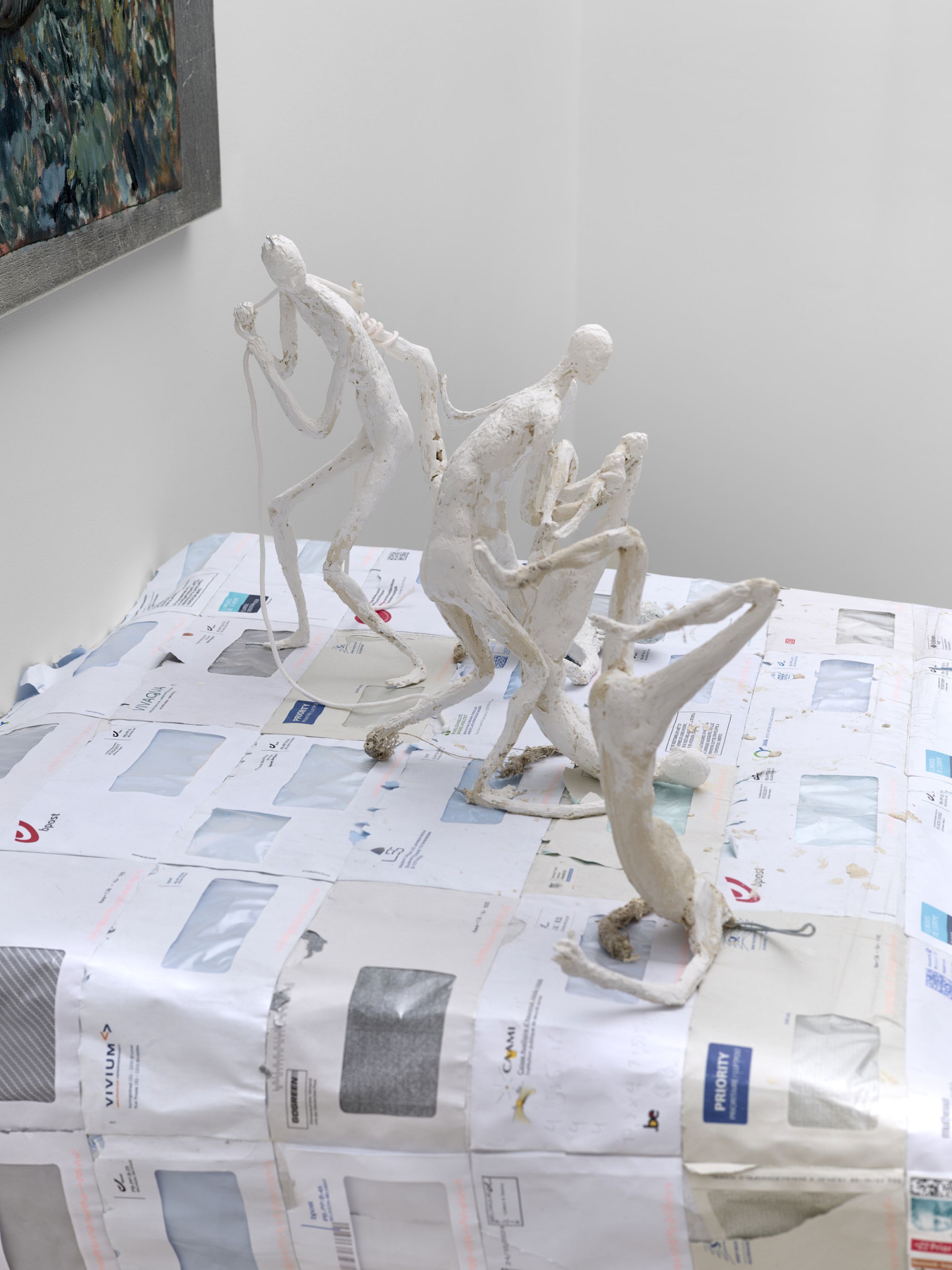 Exhibition View Solo Show Jannis Marwitz «FISH, fish ; view on Radiator Piece, detail, 2025–2026, wire, fabric, plaster, animal glue, tempera, envelopes, dimensions variable» at Damien and the Love Guru, Zurich, 2026 / Photo: Felix Jungo / Courtesy: the artist and Damien and the Love Guru