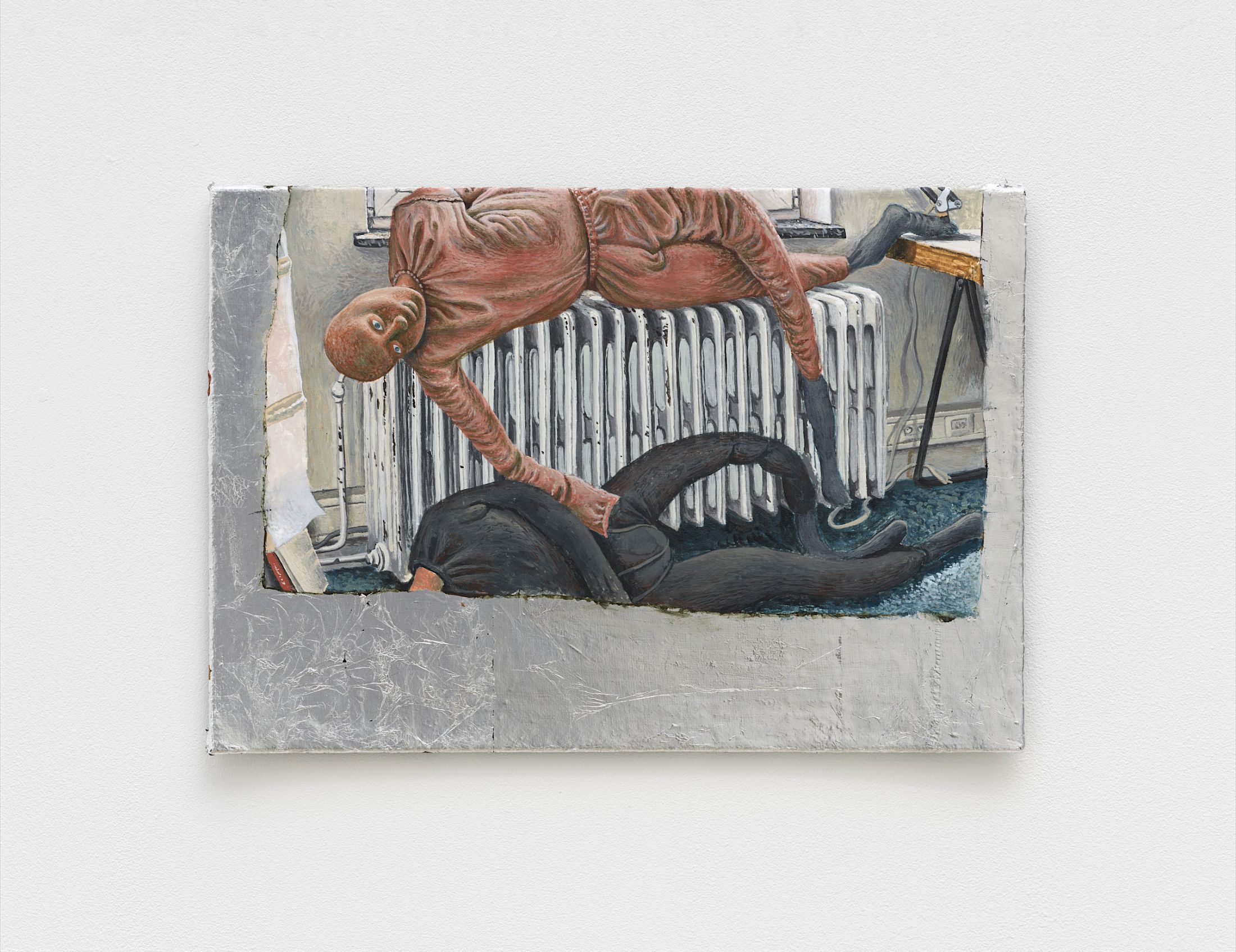 Exhibition View Solo Show Jannis Marwitz «FISH, fish ; view on Radiator Piece, 2025, tempera and aluminum leaf on canvas mounted on cardboard,  22.5 × 32.5 cm» at Damien and the Love Guru, Zurich, 2026 / Photo: Felix Jungo / Courtesy: the artist and Damien and the Love Guru