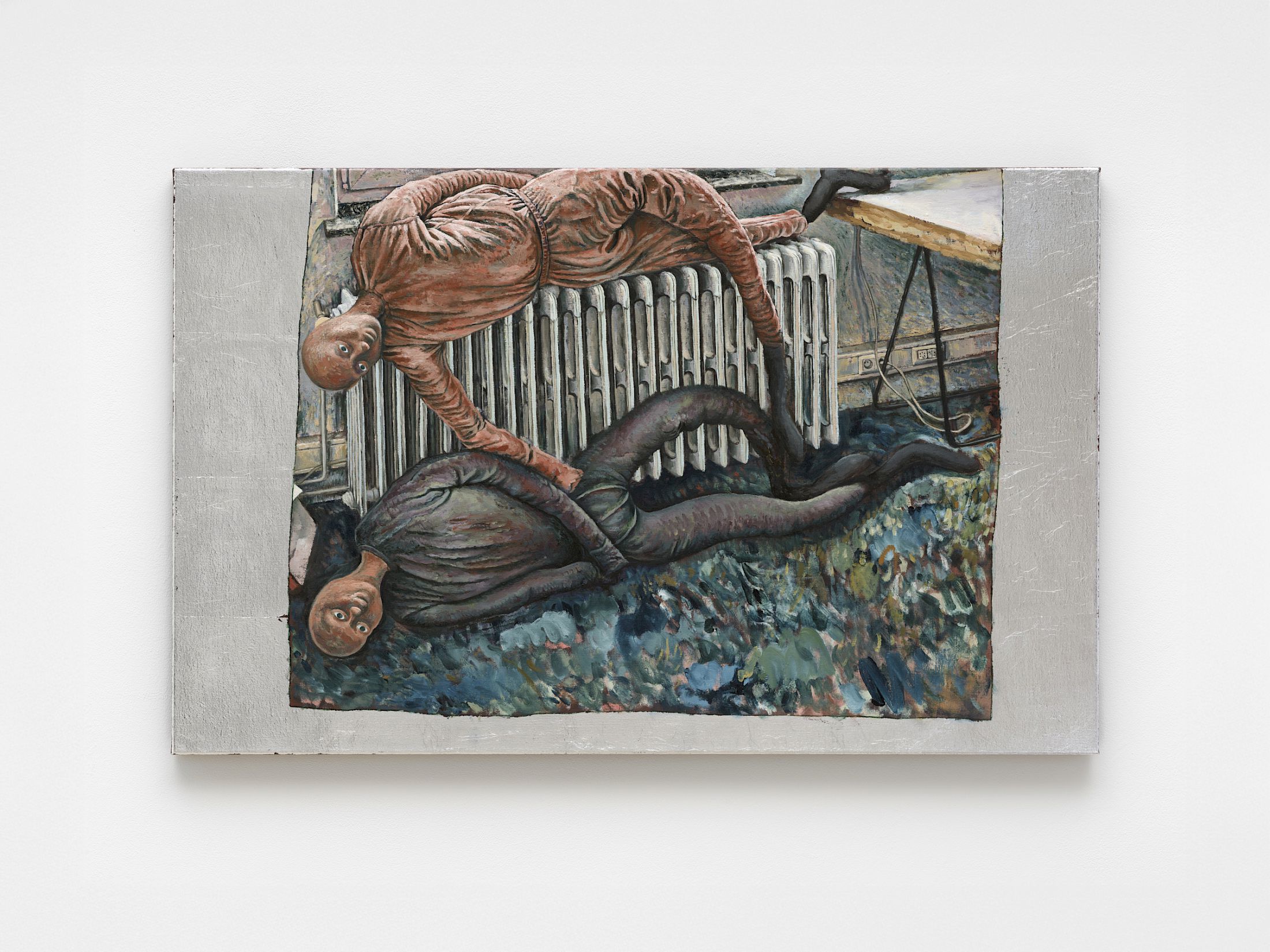 Exhibition View Solo Show Jannis Marwitz «FISH, fish ; view on Radiator Piece, 2025, oil and aluminum leaf on canvas, 60 × 95 cm» at Damien and the Love Guru, Zurich, 2026 / Photo: Felix Jungo / Courtesy: the artist and Damien and the Love Guru