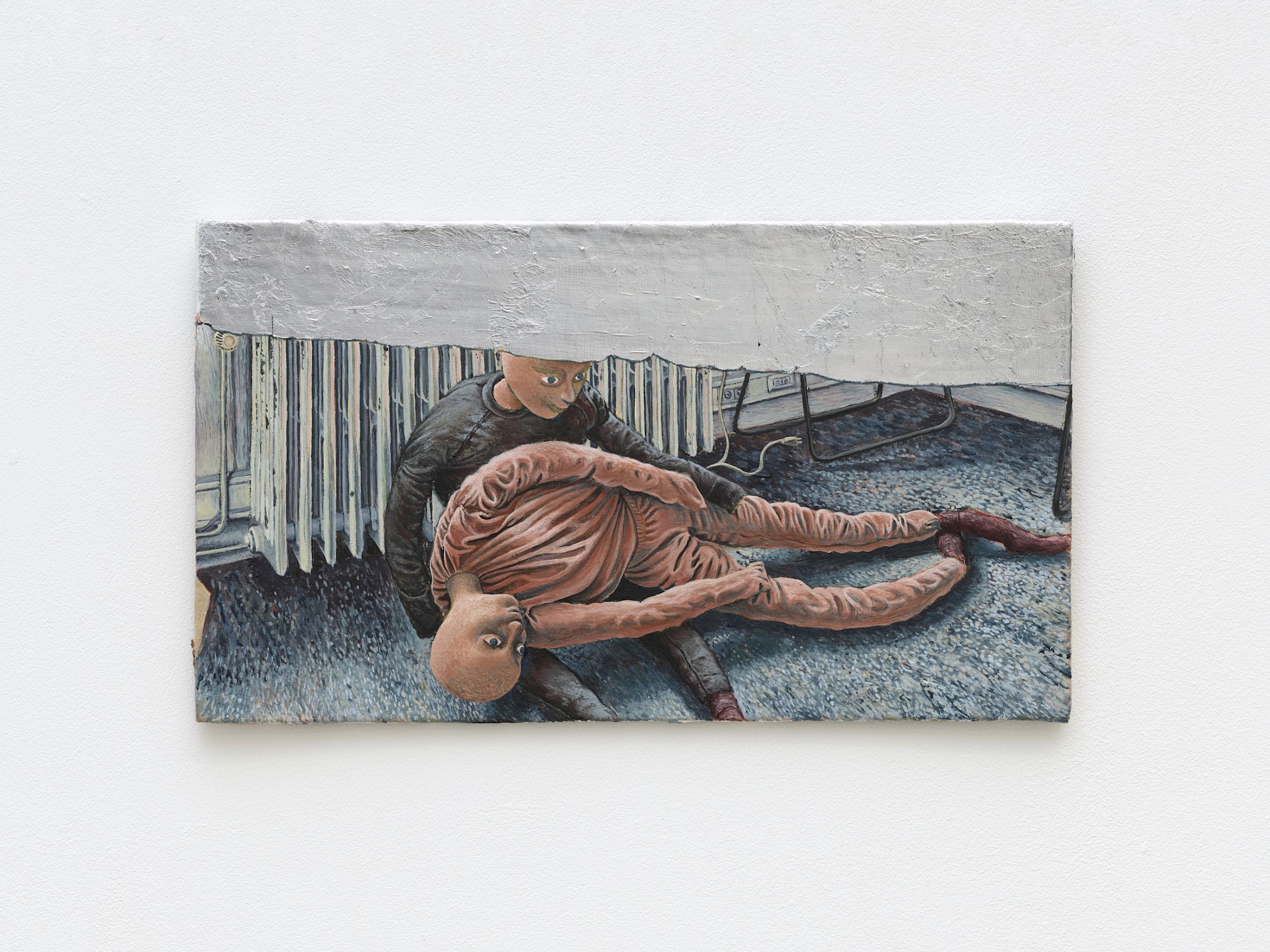 Exhibition View Solo Show Jannis Marwitz «FISH, fish ; view on Radiator Piece, 2025, tempera and aluminum leaf on canvas mounted on cardboard, 18.5 × 32 cm» at Damien and the Love Guru, Zurich, 2026 / Photo: Felix Jungo / Courtesy: the artist and Damien and the Love Guru