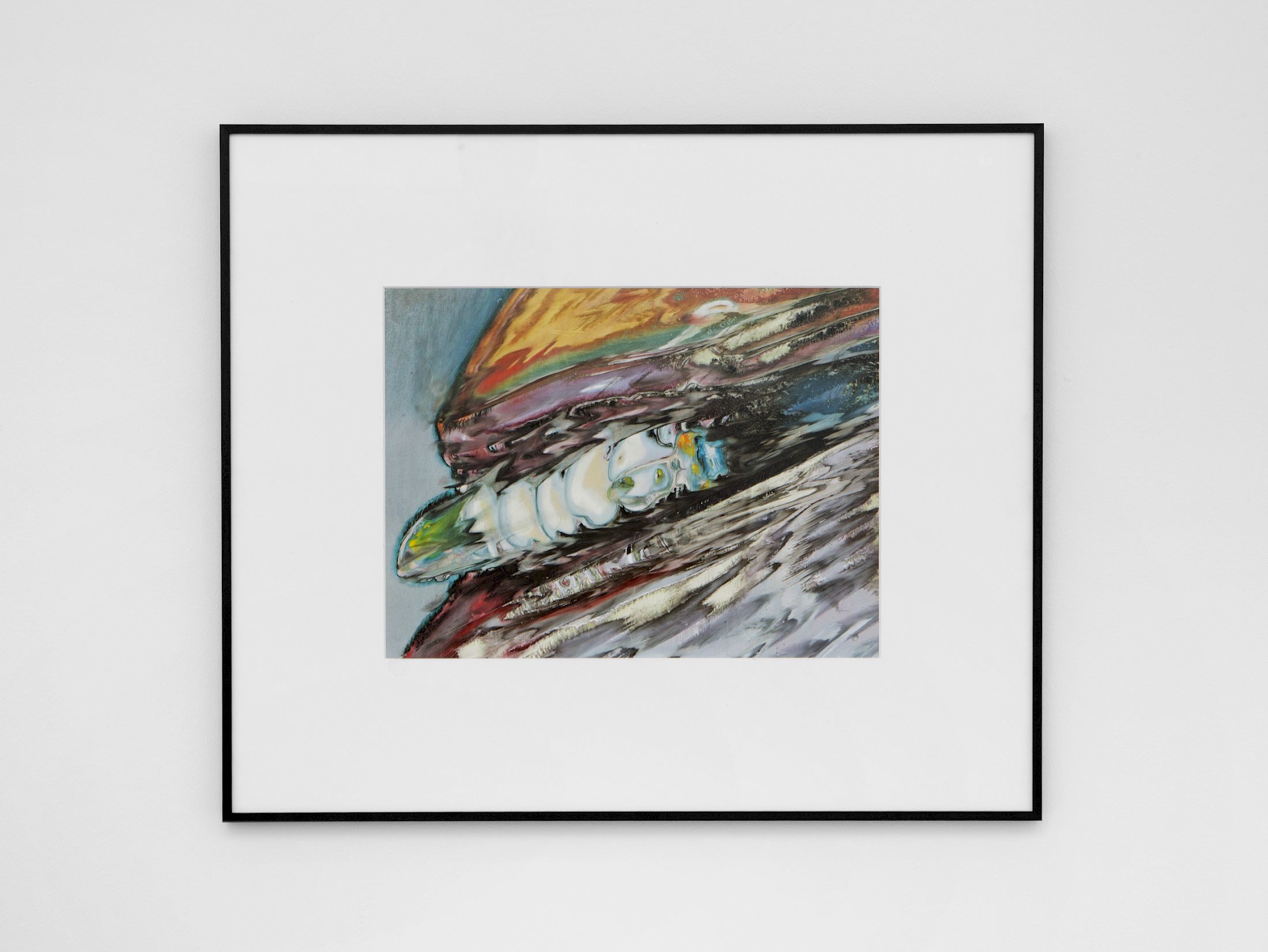 Exhibition View Group Show «Love Sick ; view on Jean-Vincent Simonet, Teeth(accelerate), 2025, Ink, oil pastel, acrylic and matt varnish on synthetic foil, Black aluminium frame (7mm), museum glass 55 x 65 cm (framed)» at Sentiment, Zurich, 2025-2026 / Photo: Philipp Rupp / Julien Gremaud / Courtesy: the artists and Sentiment