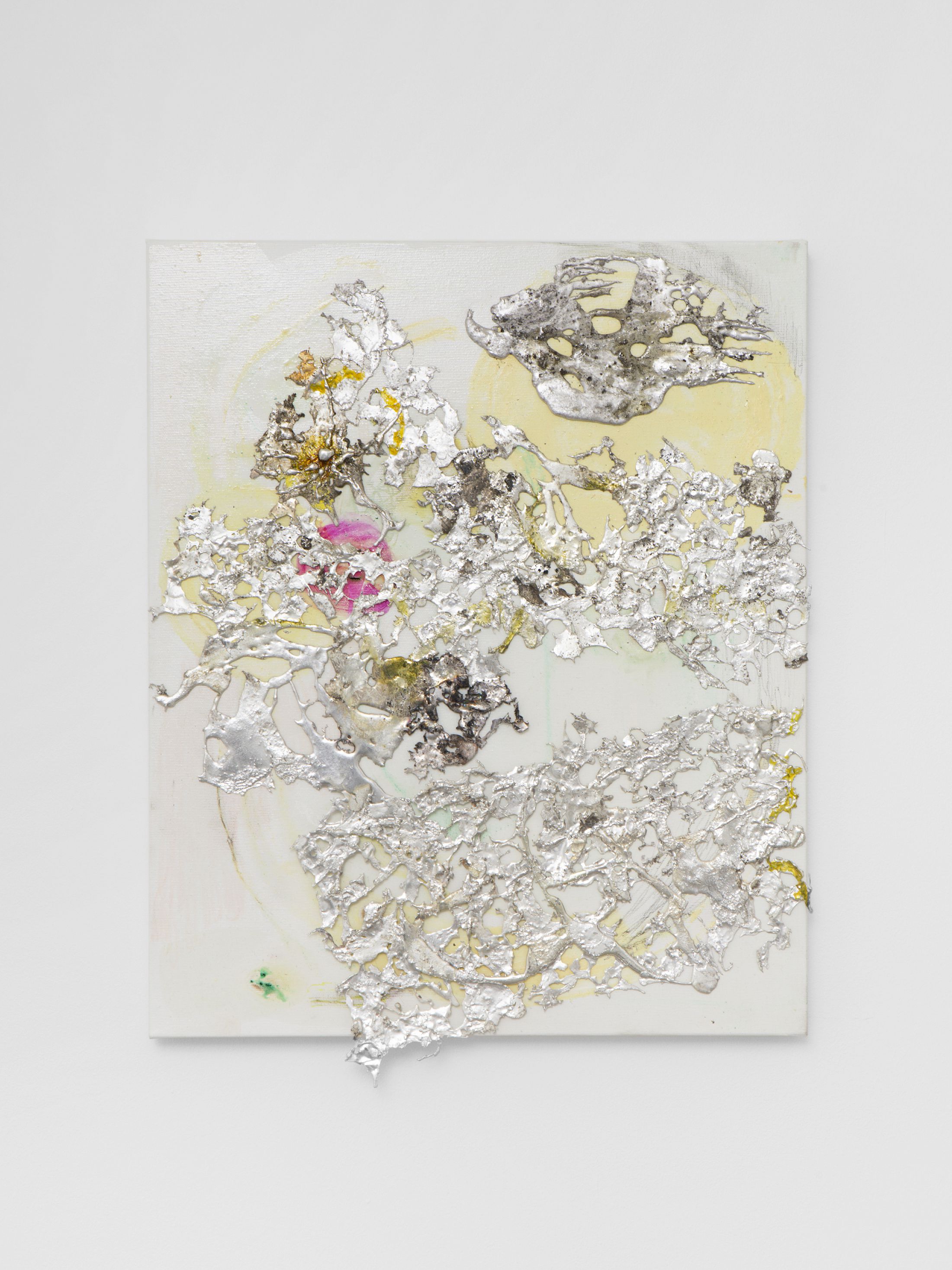 Exhibition View Group Show «Love Sick ; view on Josef Strau, Semiurgh sulphurized, 2025, Oilcolor, Dammar, different pencils, pigments, sulphur with melted tin vessels and magnets on canvas, 62 × 50.5 × 4.5 cm» at Sentiment, Zurich, 2025-2026 / Photo: Philipp Rupp / Julien Gremaud / Courtesy: the artists and Sentiment