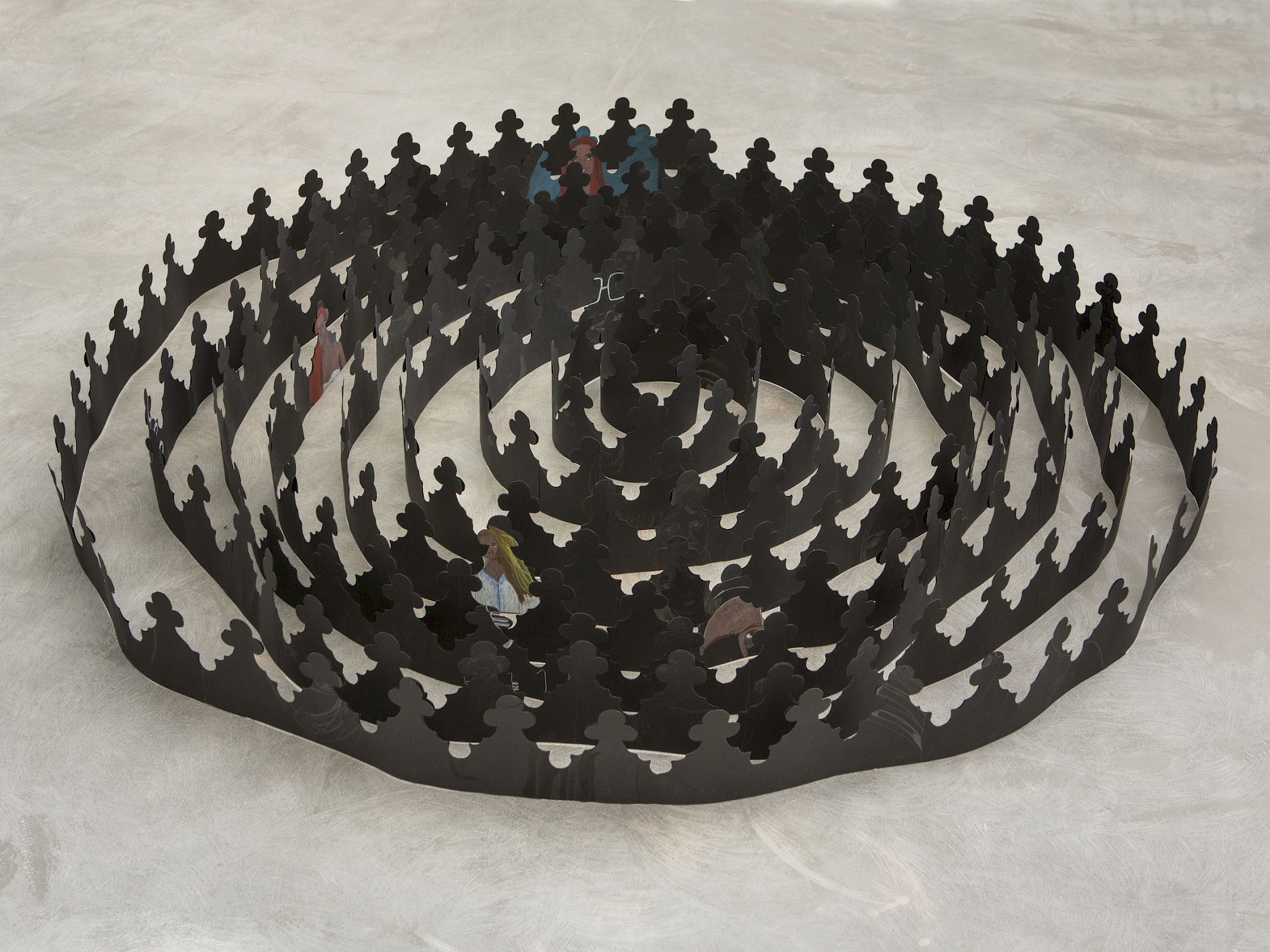 Exhibition View Group Show «Love Sick ; view on Nancy Lupo, Leader Crown, 2022, Black paper, graphite, colored pencil and double sided tape, 15 x 173 x 160 cm (and variable)» at Sentiment, Zurich, 2025-2026 / Photo: Philipp Rupp / Julien Gremaud / Courtesy: the artists and Sentiment