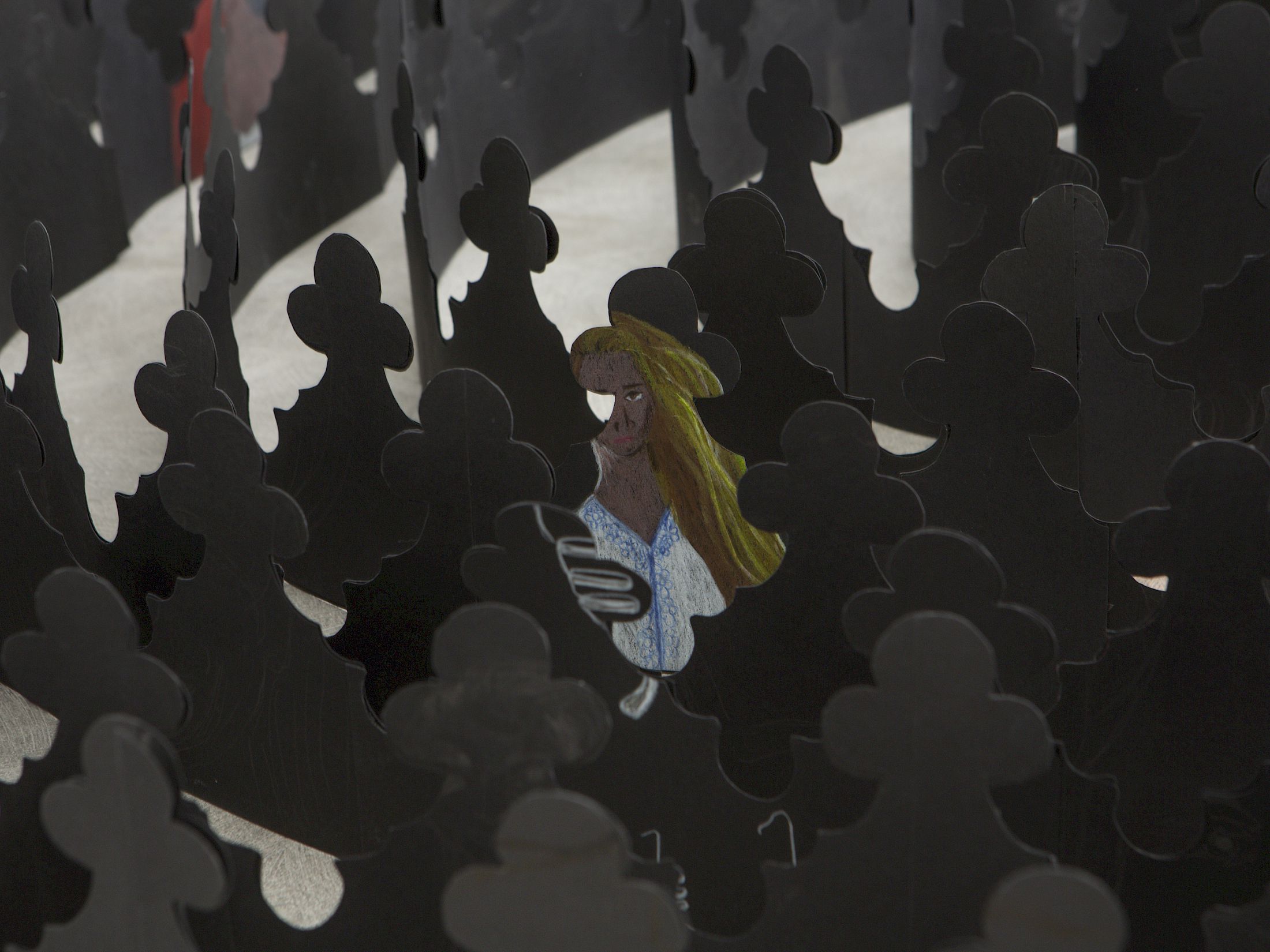 Exhibition View Group Show «Love Sick ; view on Nancy Lupo, Leader Crown, 2022, Black paper, graphite, colored pencil and double sided tape, 15 x 173 x 160 cm (and variable)» at Sentiment, Zurich, 2025-2026 / Photo: Philipp Rupp / Julien Gremaud / Courtesy: the artists and Sentiment