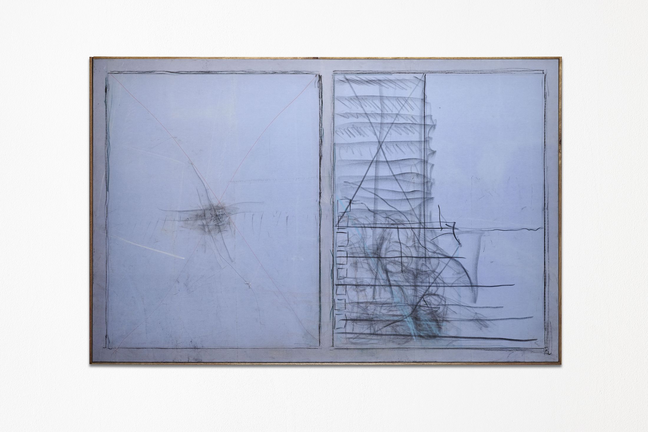 Exhibition View Solo Show Marie Matusz «Shift ; view on Day to day, night to night; dans le vide je vois le monde en entier, 2025, Oil, acrylic, charcoal and coloured pencil on waxed cotton, mahogany wood, 202 x 132 x 4 cm» at Blue Velvet, Zurich, 2025-2026 / Photo: Flavio Karrer / Courtesy: the artist and Blue Velvet