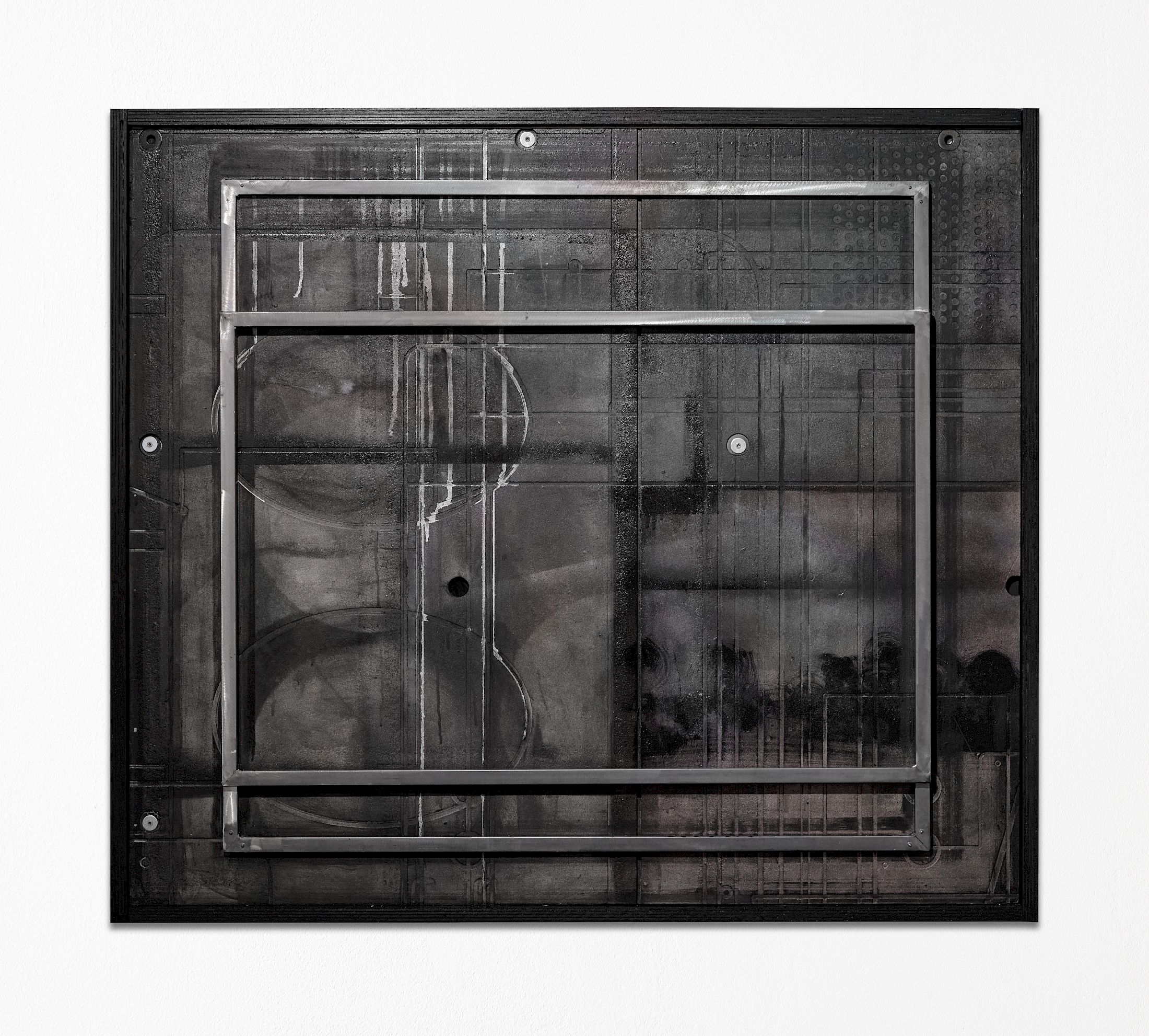 Exhibition View Solo Show Marie Matusz «Shift ; view on Through the window I see the lights, but they don’t see me, 2025, Steel, wood, charcoal, acrylic, lacquered resin, coloured pencil, chinese ink, 117 x 105 x 7 cm» at Blue Velvet, Zurich, 2025-2026 / Photo: Flavio Karrer / Courtesy: the artist and Blue Velvet