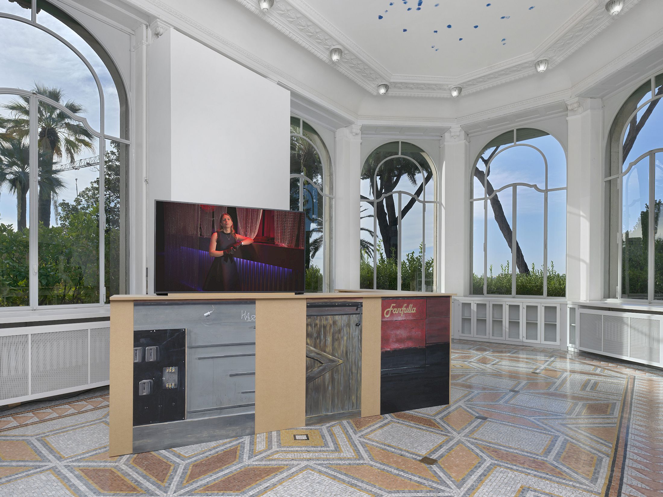 Exhibition View Duo Show Pauline Boudry / Renate Lorenz «How we always survived ; view on Bar Piece (2025) and All the things she said (2025)» at Istituto Svizzero Roma, Roma, 2025-2026 / Photo: Annik Wetter / Courtesy: Marcelle Alix & Ellen de Bruijne Projects