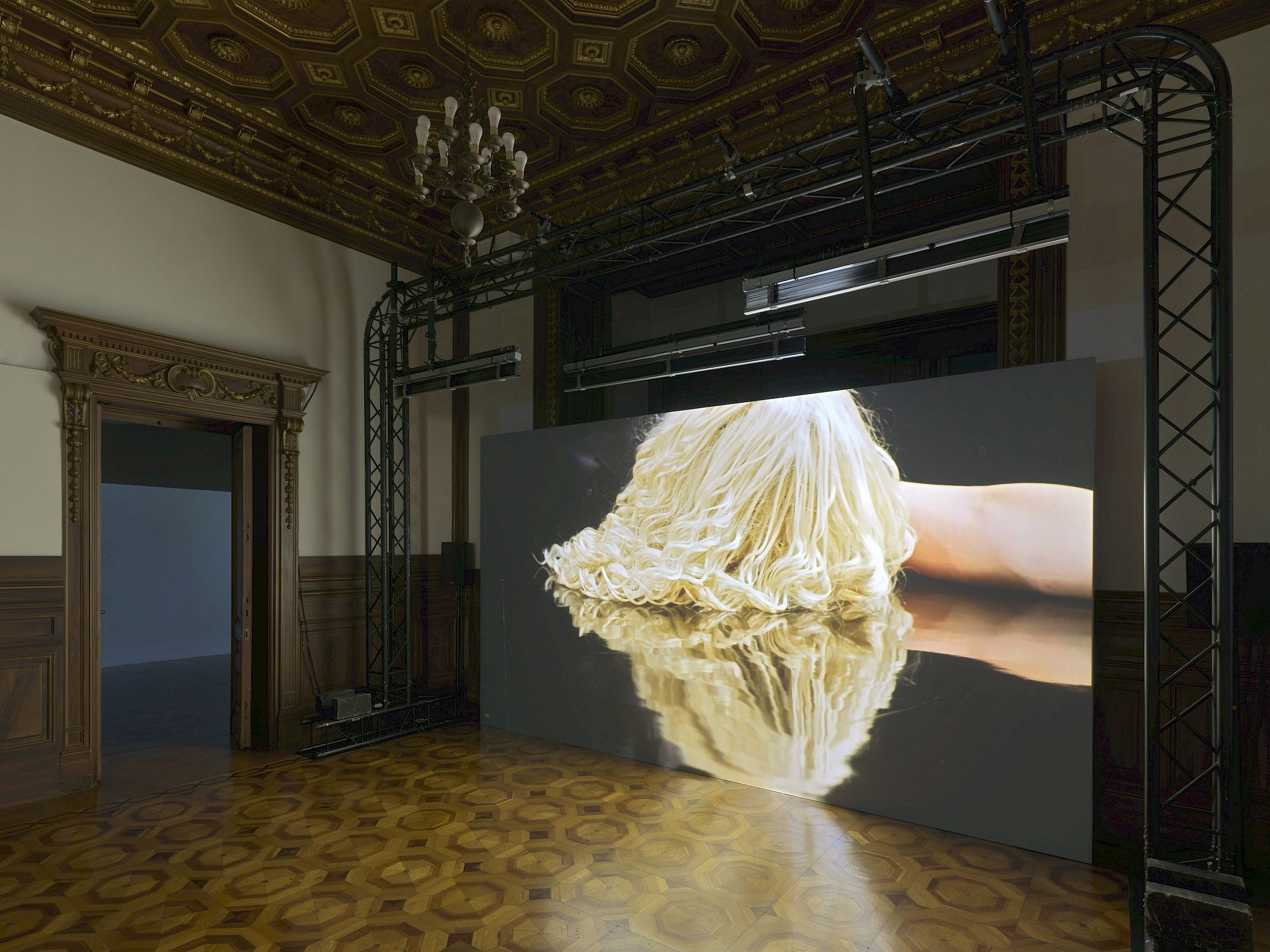 Exhibition View Duo Show Pauline Boudry / Renate Lorenz «How we always survived ; view on (No) Time (2020), Choreography and performance: Julie Cunningham, Werner Hirsch, Joy Alpuerto Ritter, Aaliyah Thanisha» at Istituto Svizzero Roma, Roma, 2025-2026 / Photo: Annik Wetter / Courtesy: the artists and Fonds régional d’art contemporain Bretagne