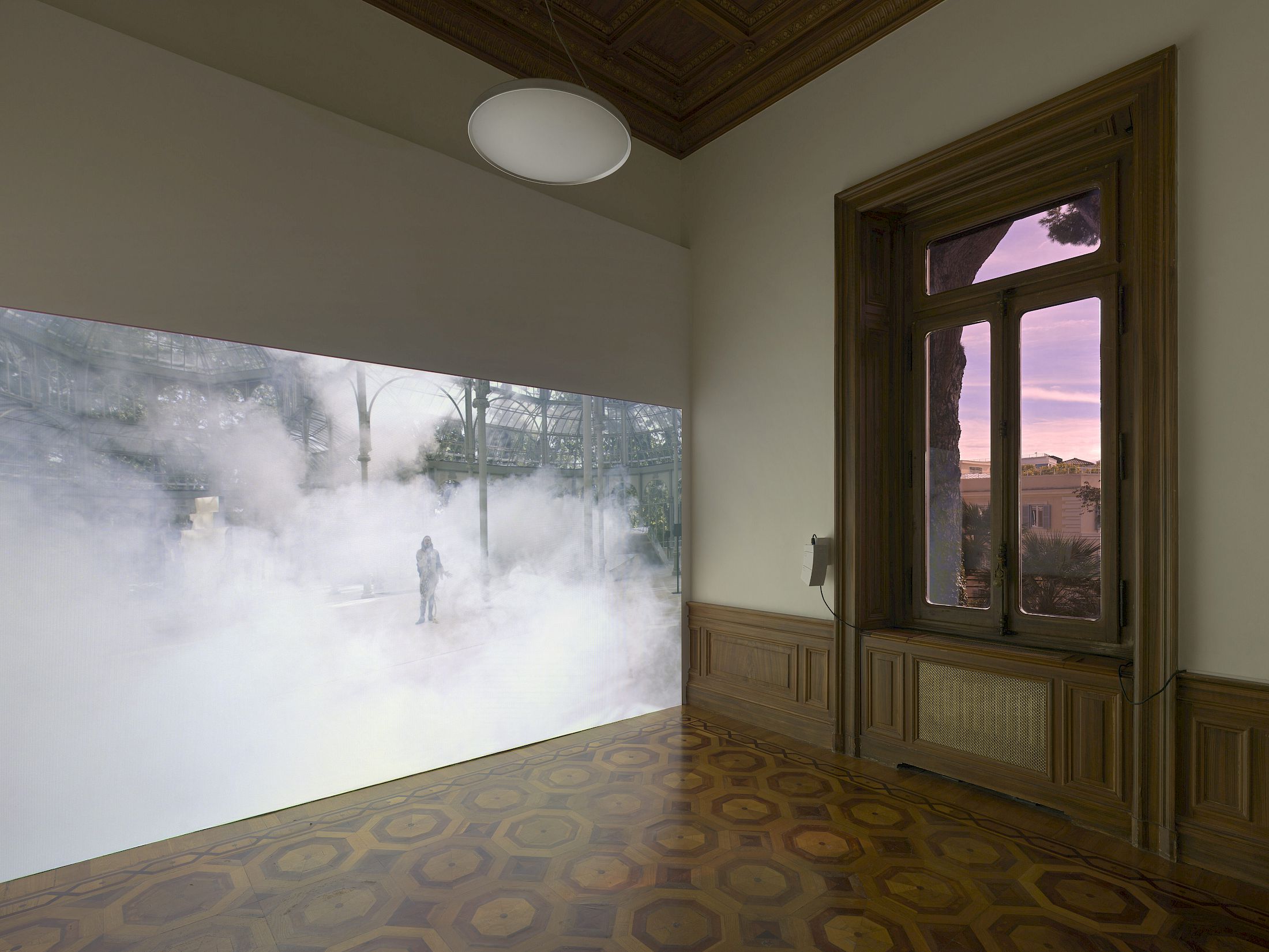 Exhibition View Duo Show Pauline Boudry / Renate Lorenz «How we always survived ; view on El Cristal Es Mi Piel (Glass Is My Skin)(2025), Performance: Aérea Negrot» at Istituto Svizzero Roma, Roma, 2025-2026 / Photo: Annik Wetter / Courtesy: Marcelle Alix & Ellen de Bruijne Projects