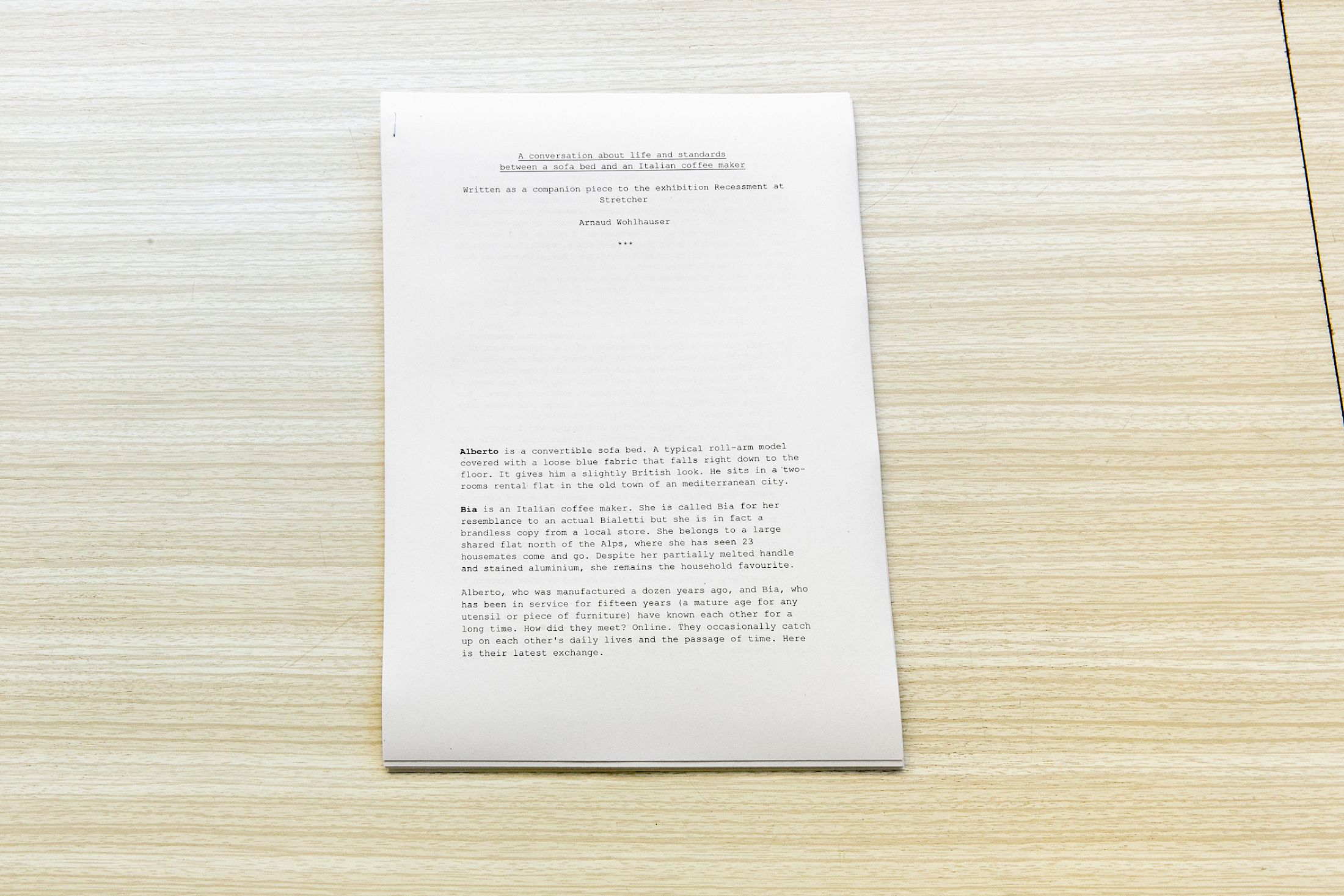 Exhibition View Group Show «Recessment ; view on Arnaud Wohlhauser, A conversation about life and standards between a sofa bed and an Italian coffee maker, 2025» at Stretcher, Basel, 2025 / Photo: Nina Rieben / Courtesy: Stretcher and the artists