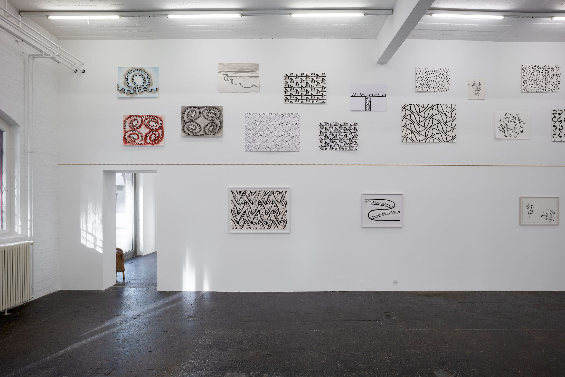 Exhibition View Solo Show Sam Porritt «One Thing After Another (Drawings 2005–2025)» at Kunst Halle Sankt Gallen, St.Gallen, 2025-2026 / Photo: E. Sommer and Franz Rindlisbacher / Courtesy: the artist and Kunst Halle Sankt Gallen