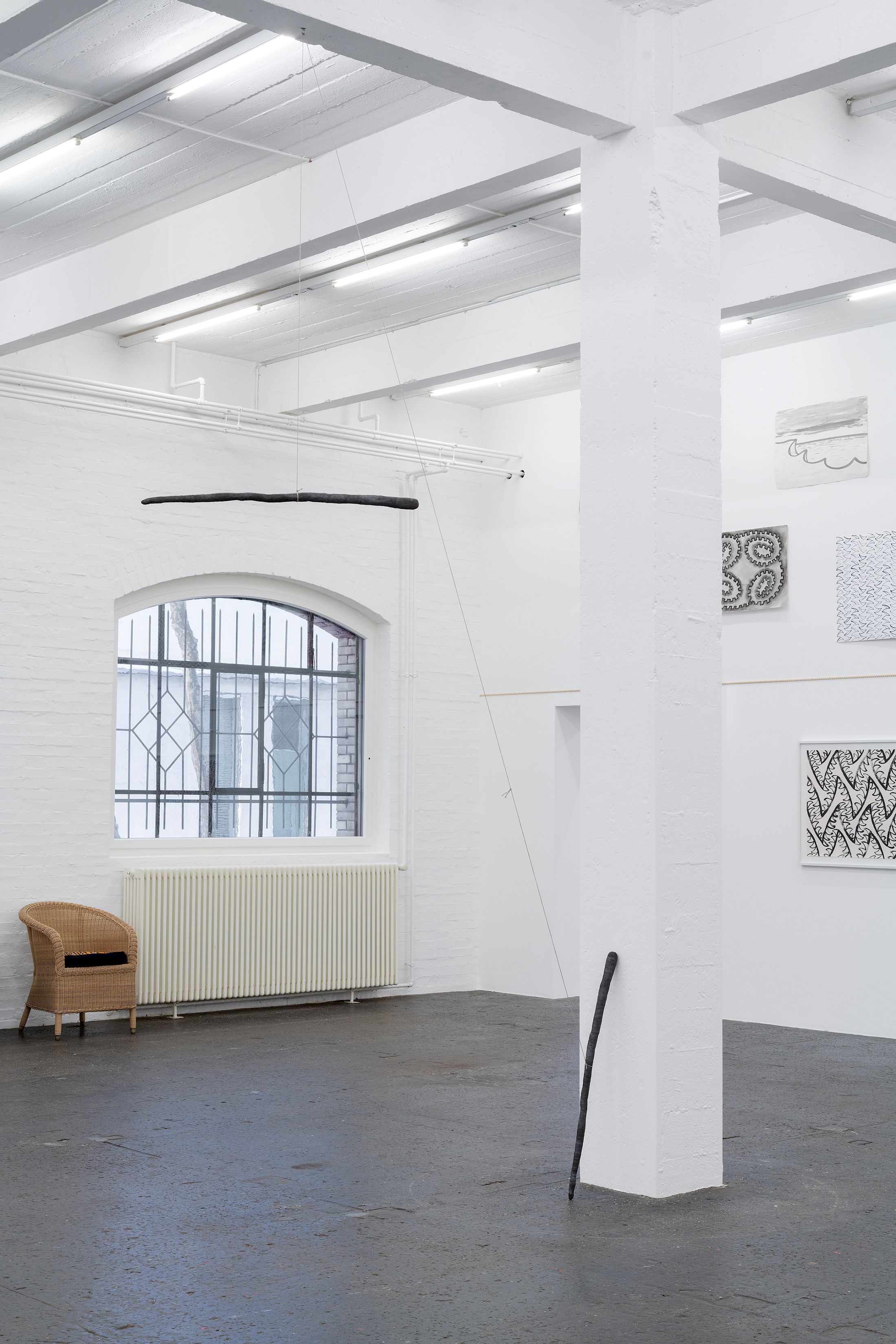 Exhibition View Solo Show Sam Porritt «One Thing After Another (Drawings 2005–2025) ; view on Carrott Shaped Stick, 2013» at Kunst Halle Sankt Gallen, St.Gallen, 2025-2026 / Photo: E. Sommer and Franz Rindlisbacher / Courtesy: the artist and Kunst Halle Sankt Gallen