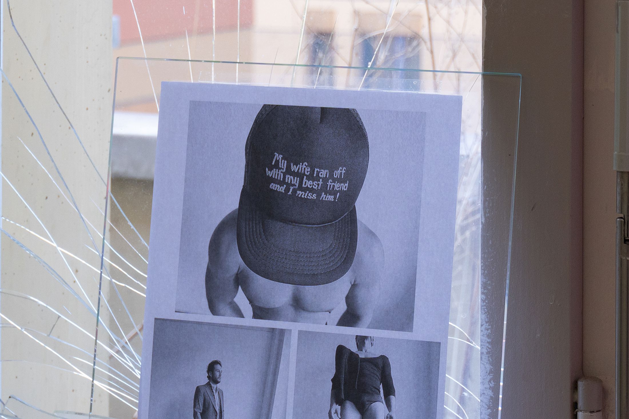 Exhibition View Solo Show Sven Gex «celebratory ; view on printed images from the ‚character fitting‘ series 2021-ongoing, gift wrapping paper, nails, glass» at Halmet, Zurich-Oerlikon, 2025 / Photo: Tereza Glazova / Courtesy: the artist and Halmet