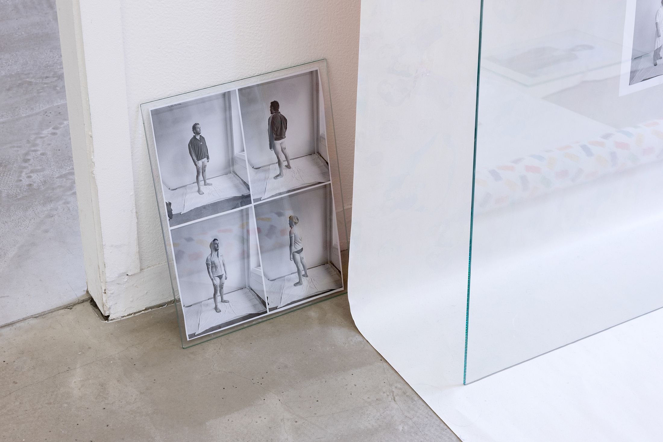 Exhibition View Solo Show Sven Gex «celebratory ; view on printed images from the ‚character fitting‘ series 2021-ongoing, gift wrapping paper, nails, glass» at Halmet, Zurich-Oerlikon, 2025 / Photo: Gina Folly / Courtesy: the artist and Halmet