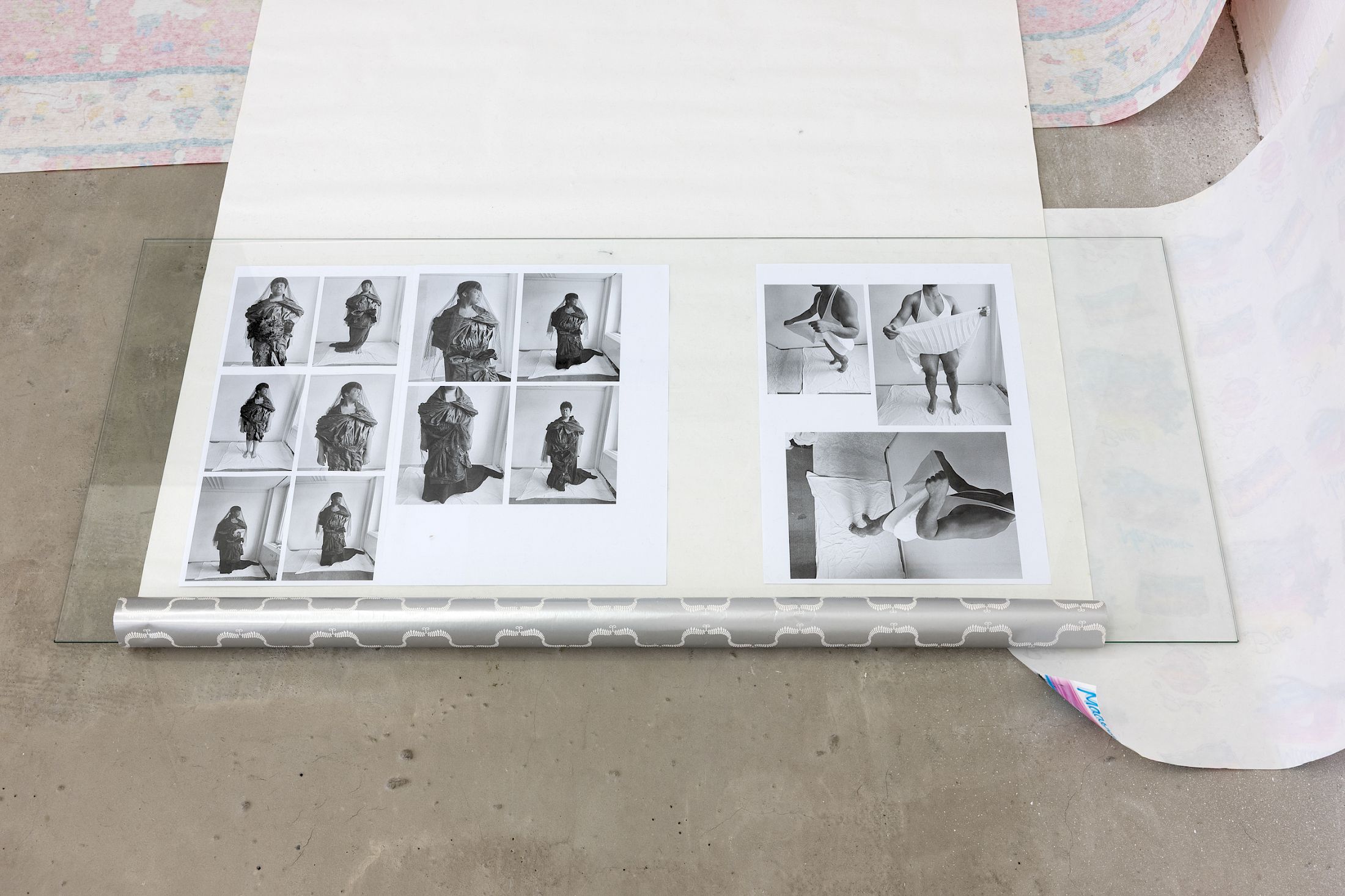 Exhibition View Solo Show Sven Gex «celebratory ; view on printed images from the ‚character fitting‘ series 2021-ongoing, gift wrapping paper, nails, glass» at Halmet, Zurich-Oerlikon, 2025 / Photo: Gina Folly / Courtesy: the artist and Halmet