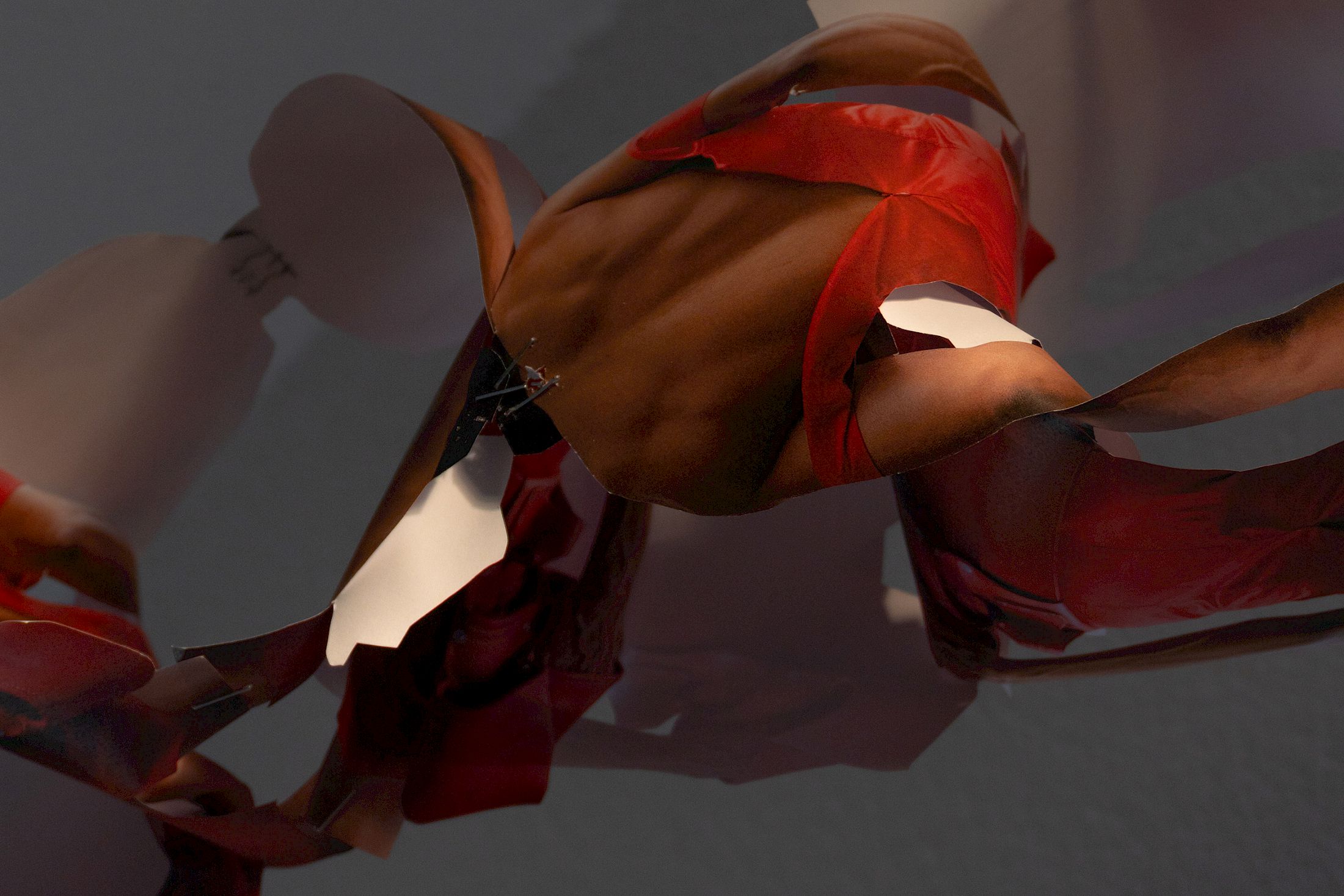 Exhibition View Solo Show Sven Gex «celebratory ; view on garland for ‚celebratory‘ (maid-of-all-work character)(Detail), 2025, hand cut printed pictures, staples» at Halmet, Zurich-Oerlikon, 2025 / Photo: Tereza Glazova / Courtesy: the artist and Halmet