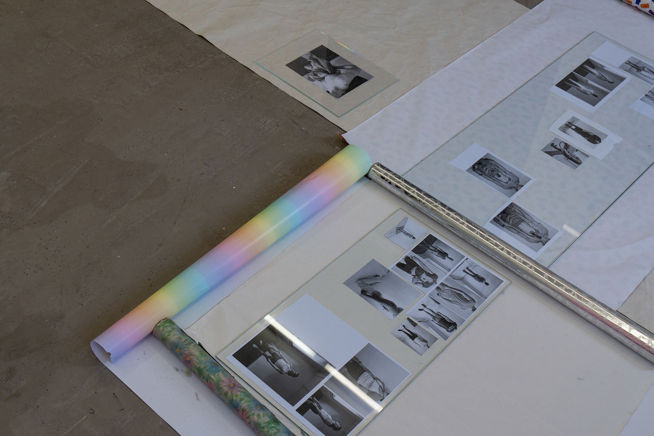 Exhibition View Solo Show Sven Gex «celebratory ; view on printed images from the ‚character fitting‘ series 2021-ongoing, gift wrapping paper, nails, glass» at Halmet, Zurich-Oerlikon, 2025 / Photo: Tereza Glazova / Courtesy: the artist and Halmet