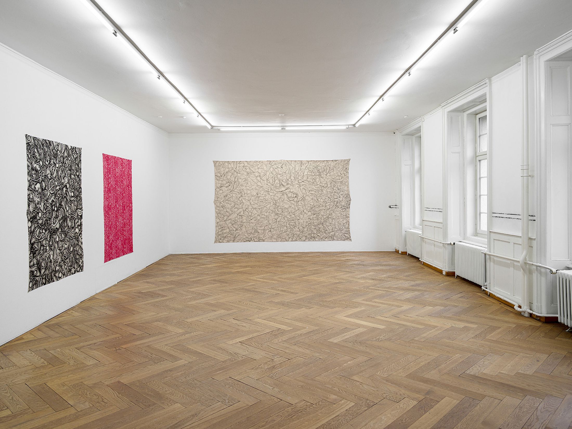 Exhibition View Group Show «Tracks and Traces ; view on Christelle Kahla, Weight of Adornment, 2026; Scars in Bloom, 2026; Behind the Scenes, 2022; Hold (Me) Tighter, 2026» at Kunsthaus Langenthal, Langenthal, 2026 / Photo: Cedric Mussano / Courtesy: the artist and Kunsthaus Langenthal