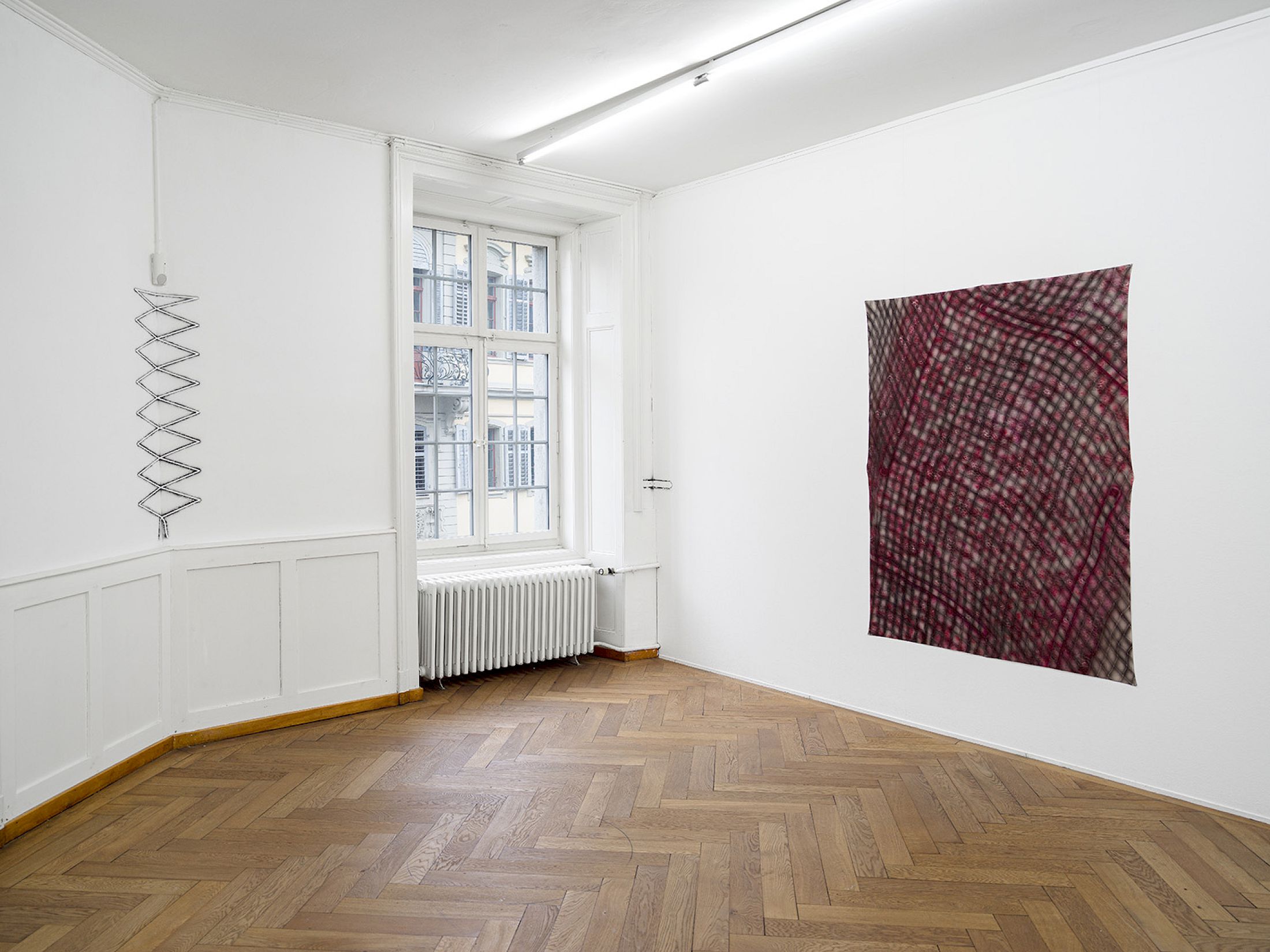 Exhibition View Group Show «Tracks and Traces ; view on Christelle Kahla, Hold (Me) Tighter, 2026; Tattooed in Whispers Of Lace, Skin Is Never Still, 2025» at Kunsthaus Langenthal, Langenthal, 2026 / Photo: Cedric Mussano / Courtesy: the artist and Kunsthaus Langenthal
