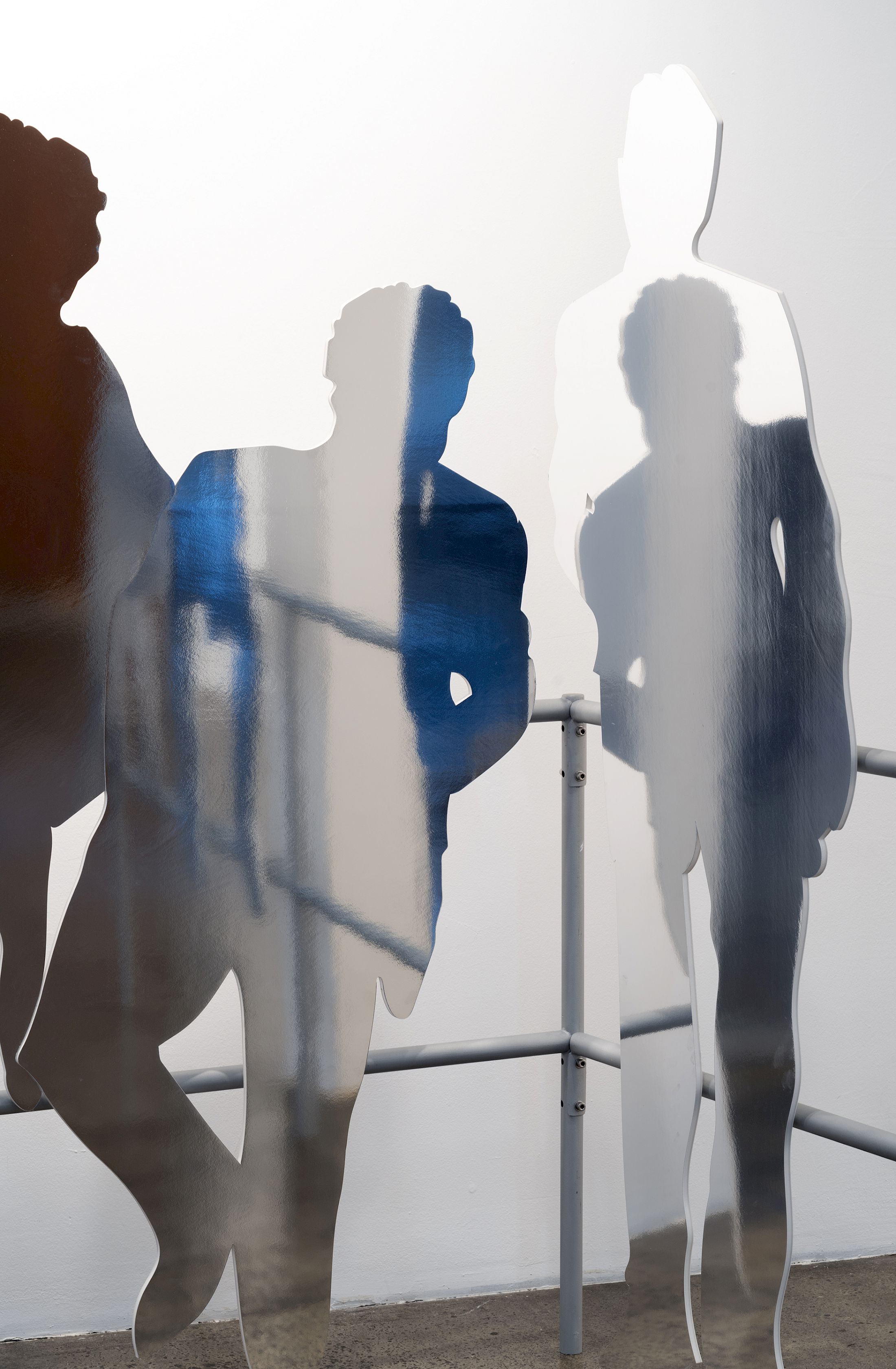 Exhibition View Group Show «Y3ARB00K ; view on Jiajia Zhang, Nothing ever happens to us (detail), 2025, Installation with mirror foiled PVC boards, metalrailing, found frames, photographs, and videos, dimensions variable» at tichyocean, Zurich, 2025-2026 / Photo: E. Sommer / Courtesy: the artists and tichyocean