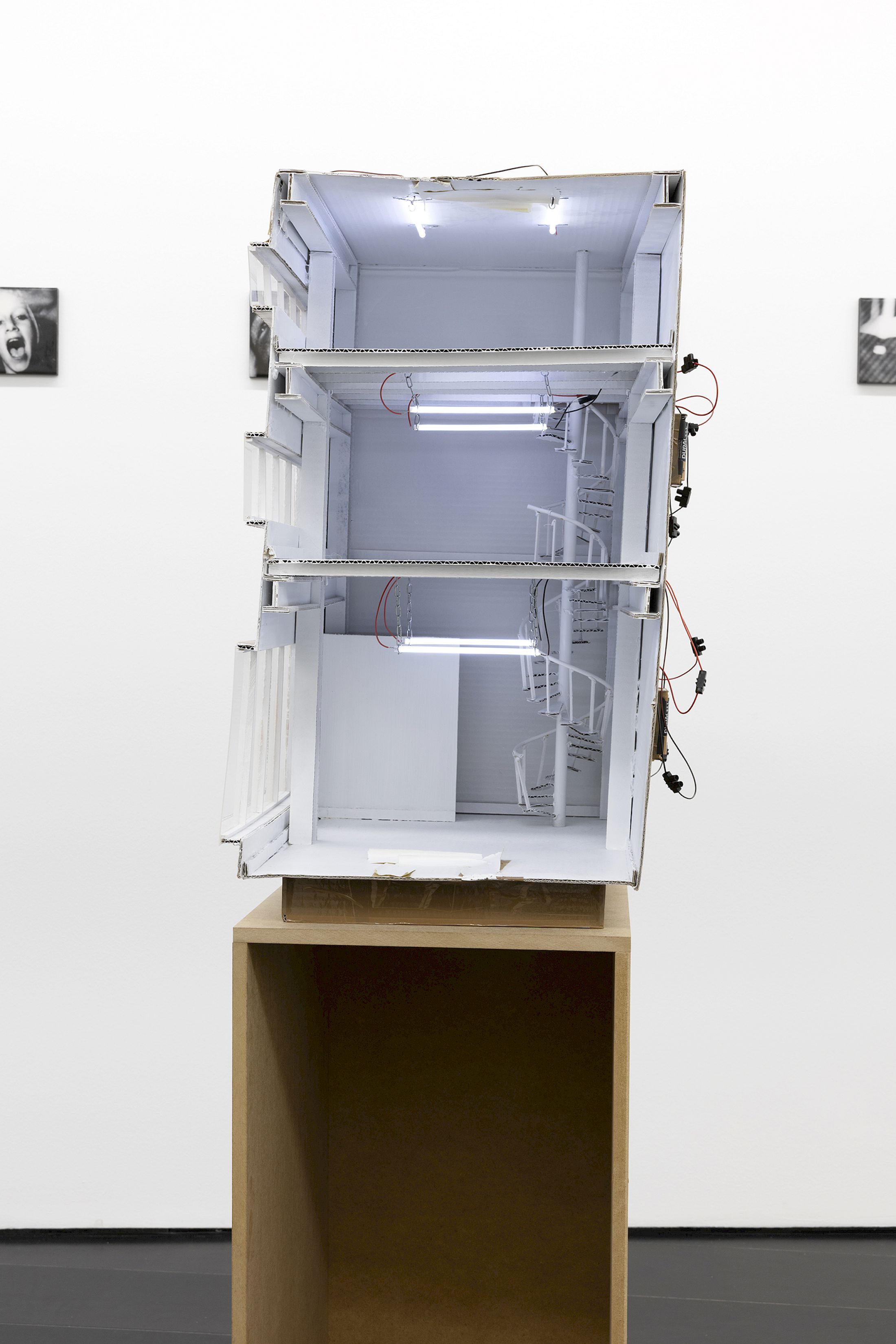 Exhibition View Group Show «Zu Gast in einer Strasse ; view on Cyril Tyrone Hübscher, 3 story gallery, 2022, Mixed Media, 58 x 33 x 42 cm» at Contemporary Fine Arts, Basel, 2026 / Photo: Gina Folly / Courtesy: the artists and Contemporary Fine Arts