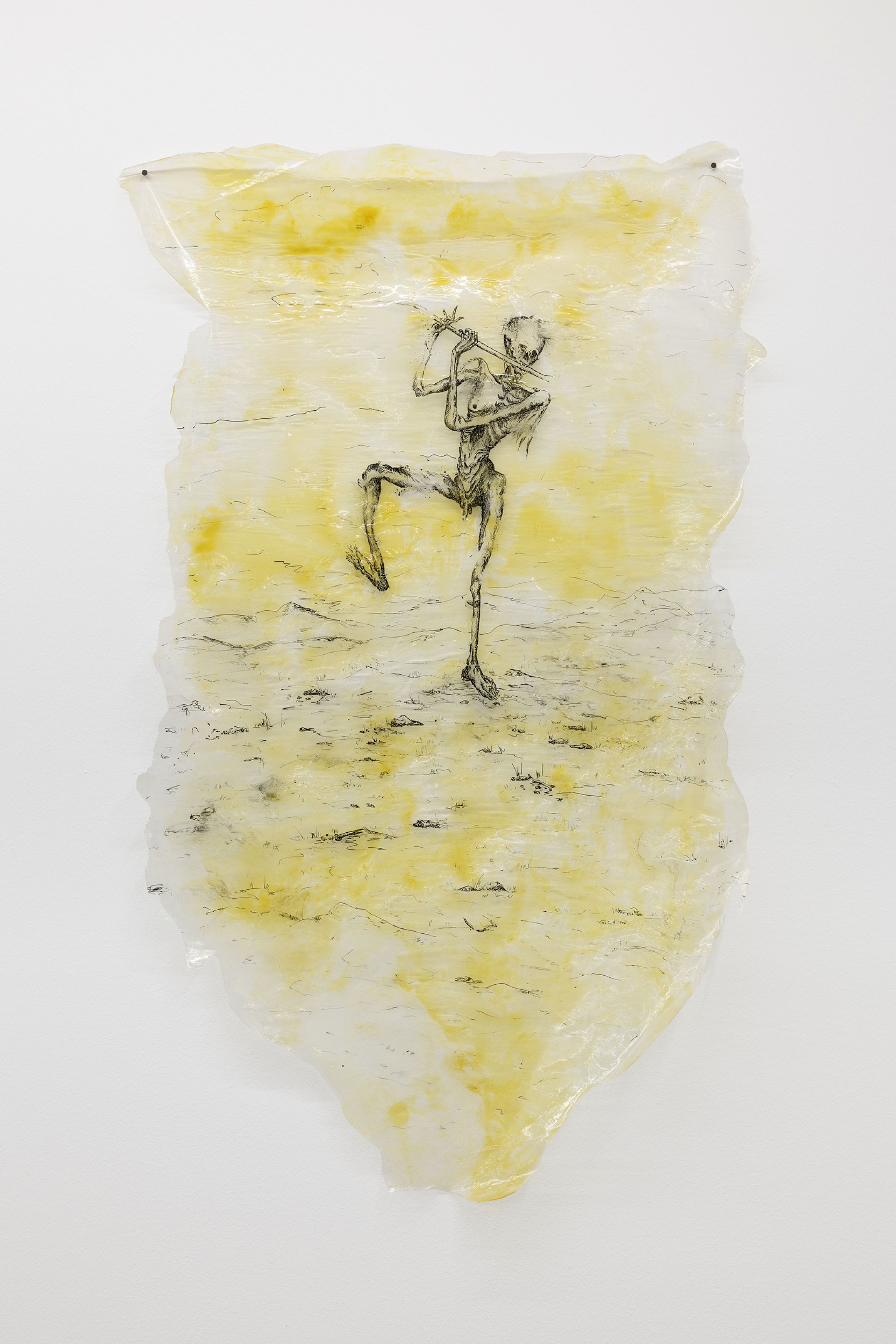 Exhibition View Group Show «Zu Gast in einer Strasse ; view on Elin Gonzalez, Purify/Rot (2), 2018, Ink, resin varnish, plastic, 93 x 52 cm» at Contemporary Fine Arts, Basel, 2026 / Photo: Gina Folly / Courtesy: the artists and Contemporary Fine Arts