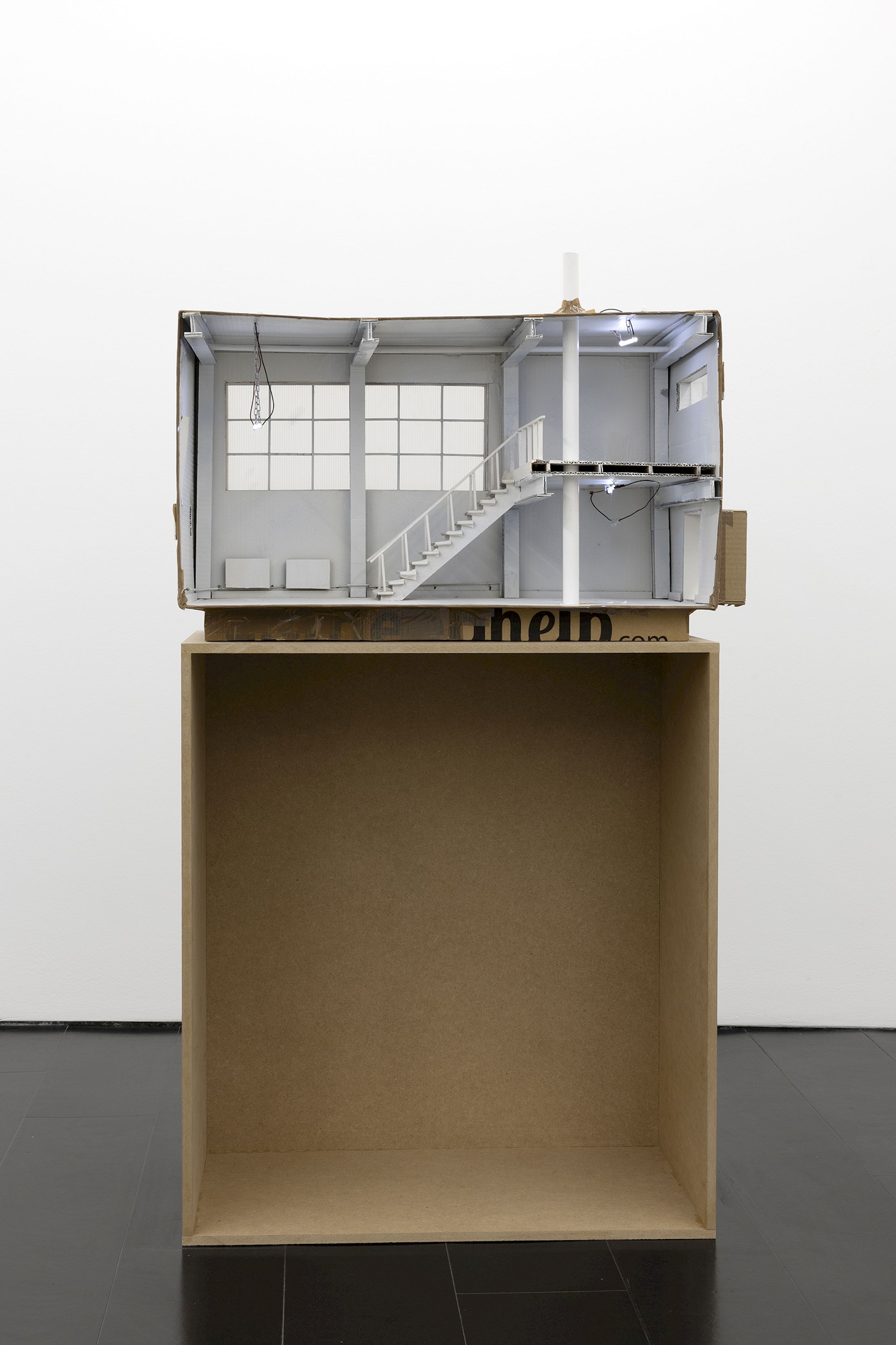 Exhibition View Group Show «Zu Gast in einer Strasse ; view on Cyril Tyrone Hübscher, studio-scenario, 2022, Mixed Media, 85 x 48 x 40 cm» at Contemporary Fine Arts, Basel, 2026 / Photo: Gina Folly / Courtesy: the artists and Contemporary Fine Arts