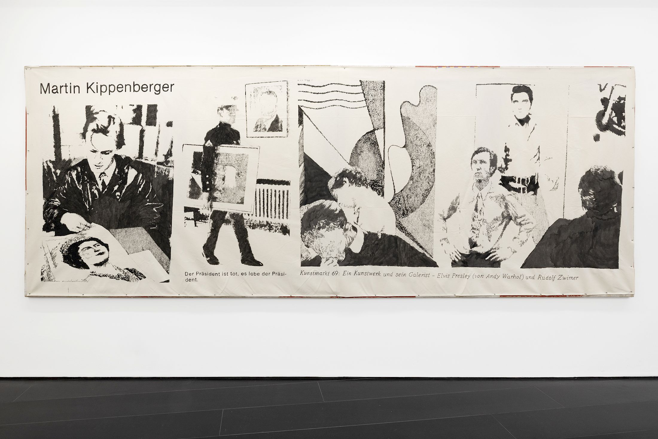 Exhibition View Group Show «Zu Gast in einer Strasse ; view on Lionne Saluz, Le roi est nu, 2025, Acrylic on canvas, 138 x 360 cm» at Contemporary Fine Arts, Basel, 2026 / Photo: Gina Folly / Courtesy: the artists and Contemporary Fine Arts