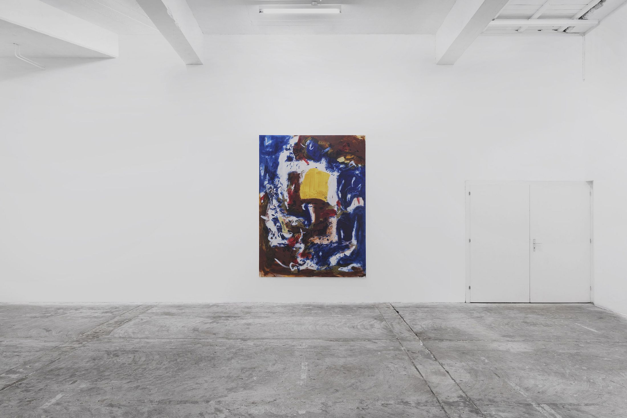 Exhibition View Solo Show Anh Trần «every water has the right place to be in ; view on Are the clouds in the Oculo like oblivion?, 2025, Acrylic, oil, and flashe on linen, 240 × 183 × 3 cm» at CIRCUIT Centre d’art contemporain, Lausanne, 2025-2026 / Photo: Aude Mayer / Courtesy: the artist and CIRCUIT