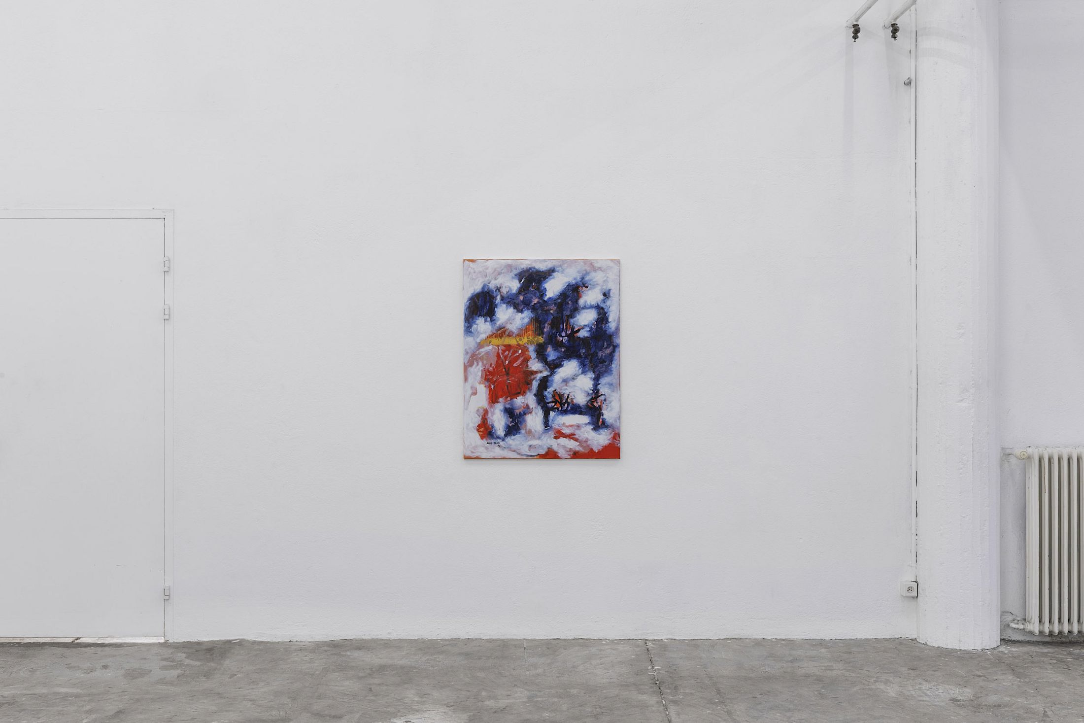 Exhibition View Solo Show Anh Trần «every water has the right place to be in ; view on It isn‘t cold if you have a dream, 2025, Acrylic, oil and flashe on linen, 105 × 82.5 × 3 cm» at CIRCUIT Centre d’art contemporain, Lausanne, 2025-2026 / Photo: Aude Mayer / Courtesy: the artist and CIRCUIT