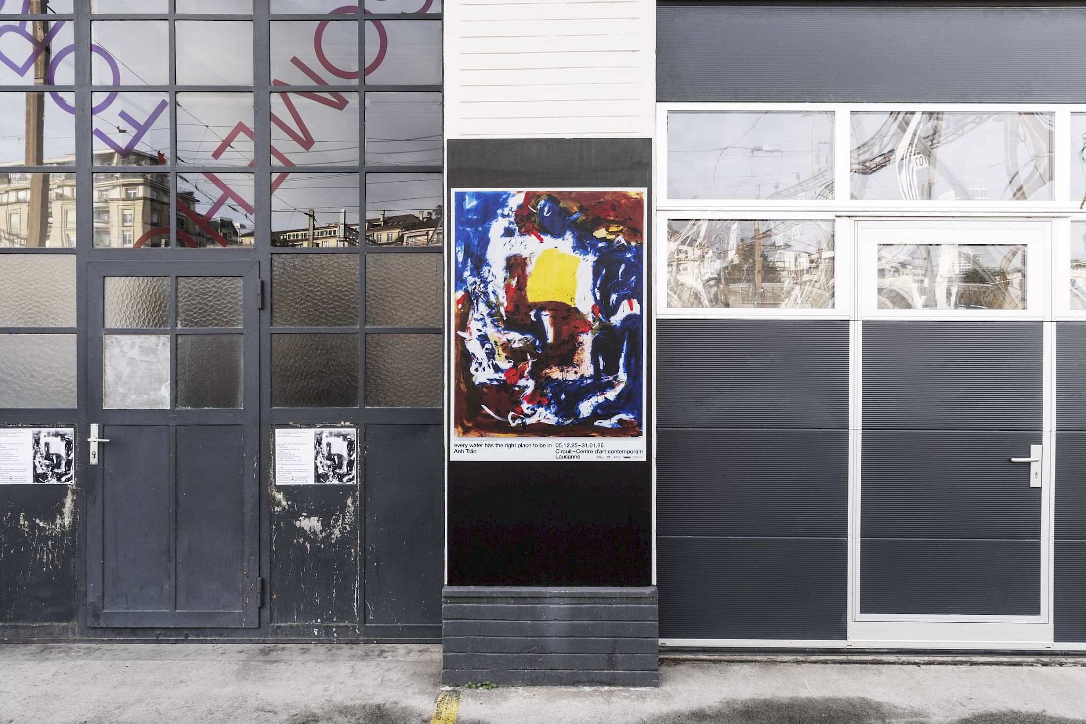 Exhibition View Solo Show Anh Trần «every water has the right place to be in ; view on exhibition poster F4, Éditions Circuit, 2025» at CIRCUIT Centre d’art contemporain, Lausanne, 2025-2026 / Photo: Aude Mayer / Courtesy: the artist and CIRCUIT