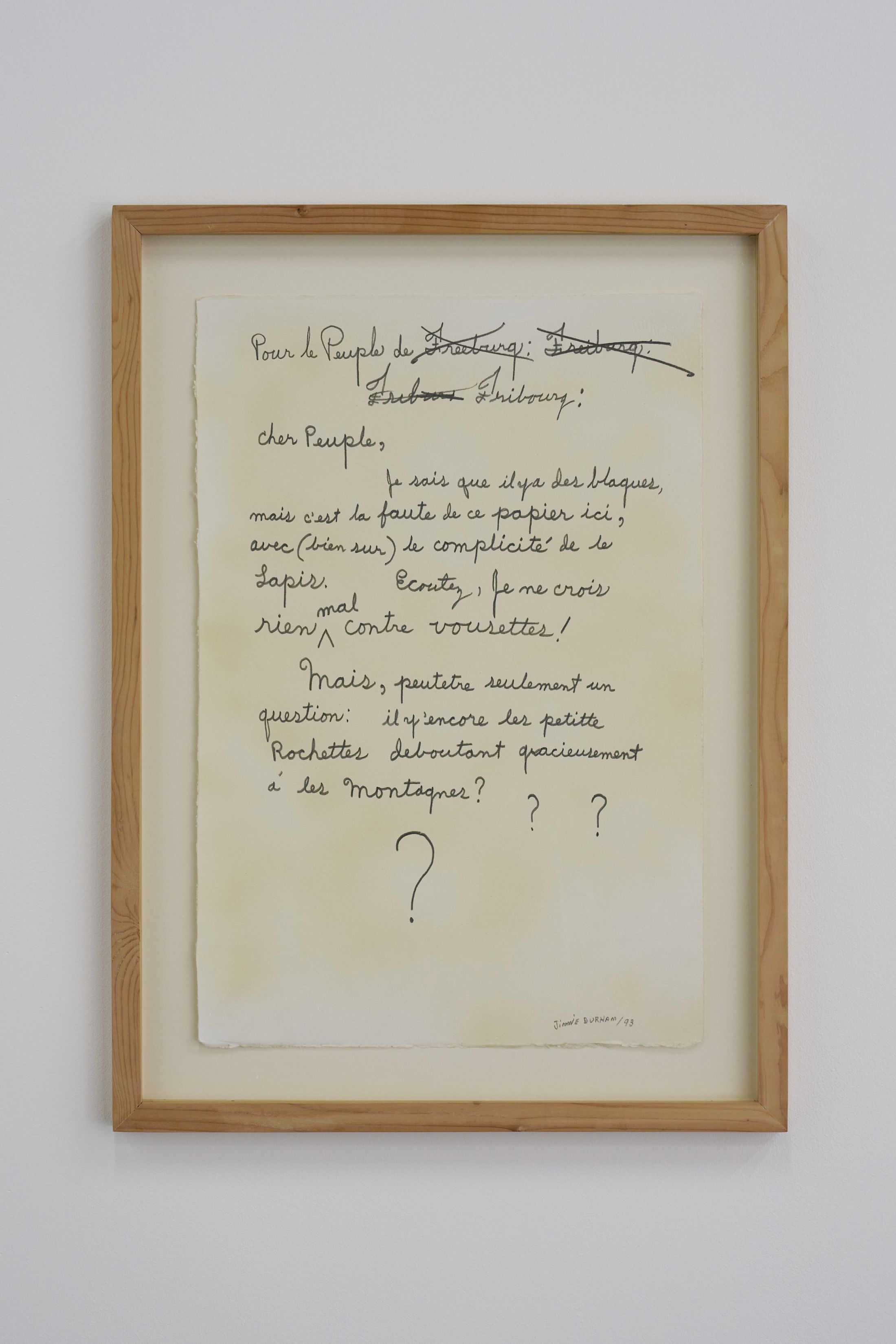 Exhibition View Group Show «Art & Alienation; view on Jimmie Durham, Fribourg, 1993», at Kunsthalle Friart Fribourg, Fribourg, 2025 / Photo: Guillaume Python / Courtesy: the Jimmie Durham Estate and kurimanzutto, Mexico City / New York