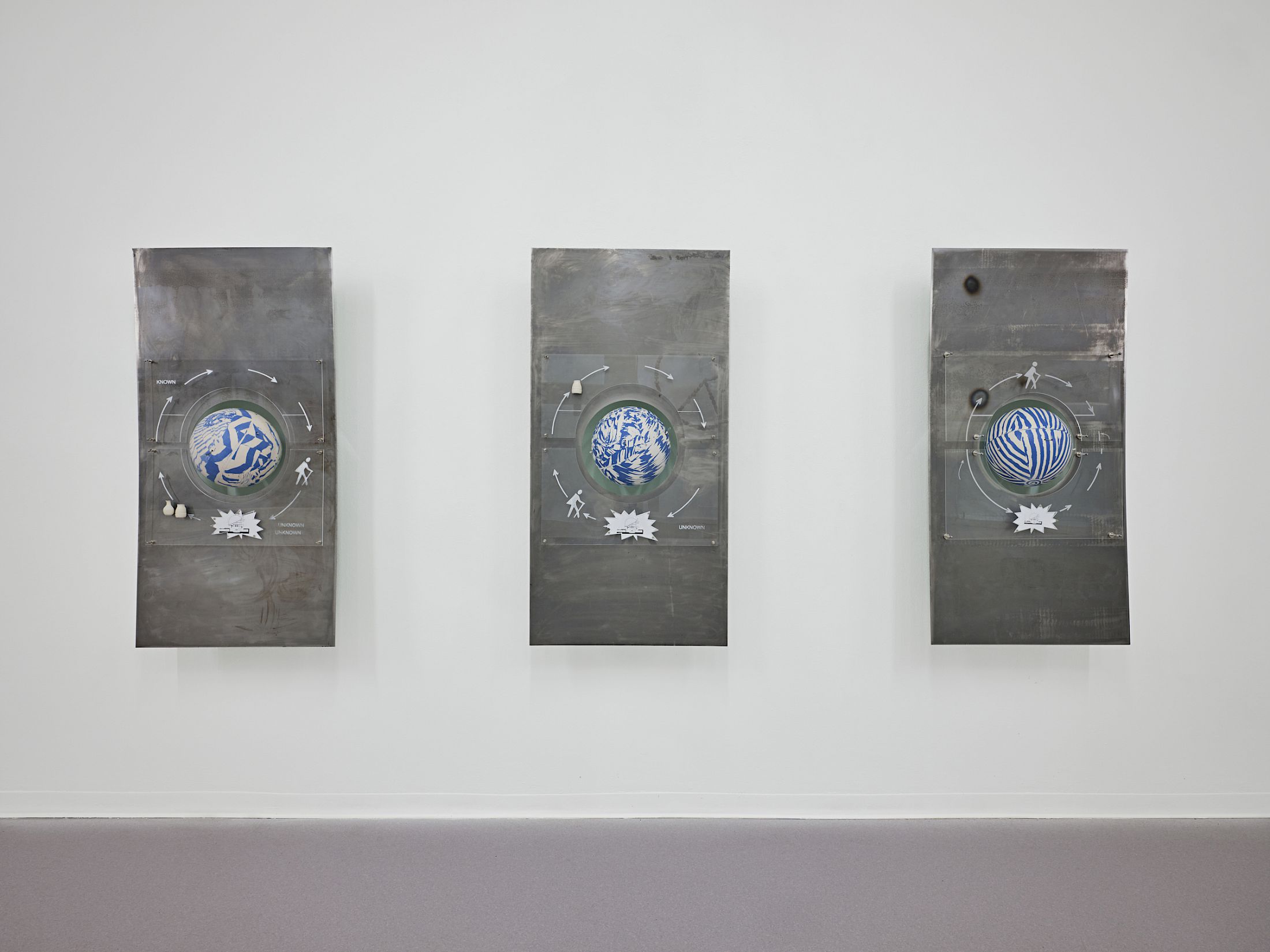 Exibition View Solo Show Camille Dumond «Everything but sliced ; view on Main character energy (Chapter 1, 2, 3), 2025, Series of three wall panels, steel, earthenware, magnets, PMMA, various elements, 120x60cmeach» at Ferme de la Chapelle, Geneva, Grand-Lancy, 2025 / Photo: Nicolas Delaroche / Courtesy: the artist and Ferme de la Chapelle