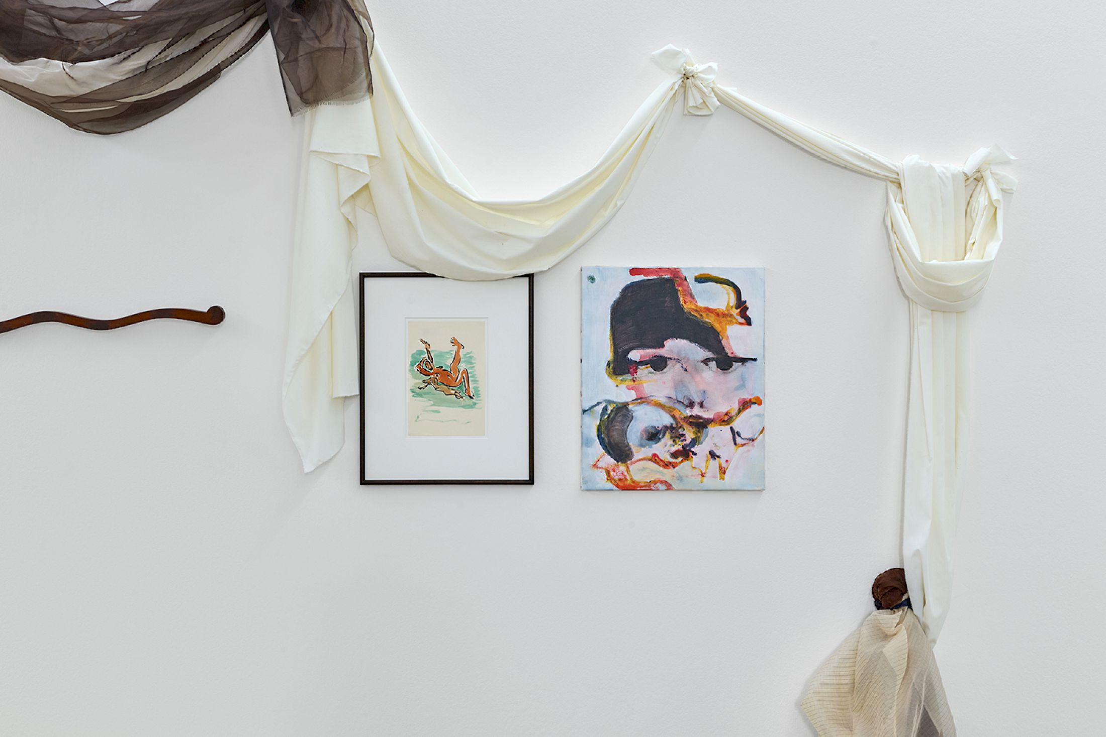 Exhibition View Duo Show Cathy Josefowitz and Jessy Razafimandimby «Valse Velue ; view on C. Josefowitz, untitled, c. 1991, Felt-tip pen on paper, 24 x 16 cm ; J. Razafimandimby, Keep off the Grass (for my Beloved Son), 2025, Acrylic on canvas, 46.5 x 38 cm» at Halle Nord, Geneva, 2026 / Photo: Thomas Maisonnasse / Courtesy: the artists and Halle Nord