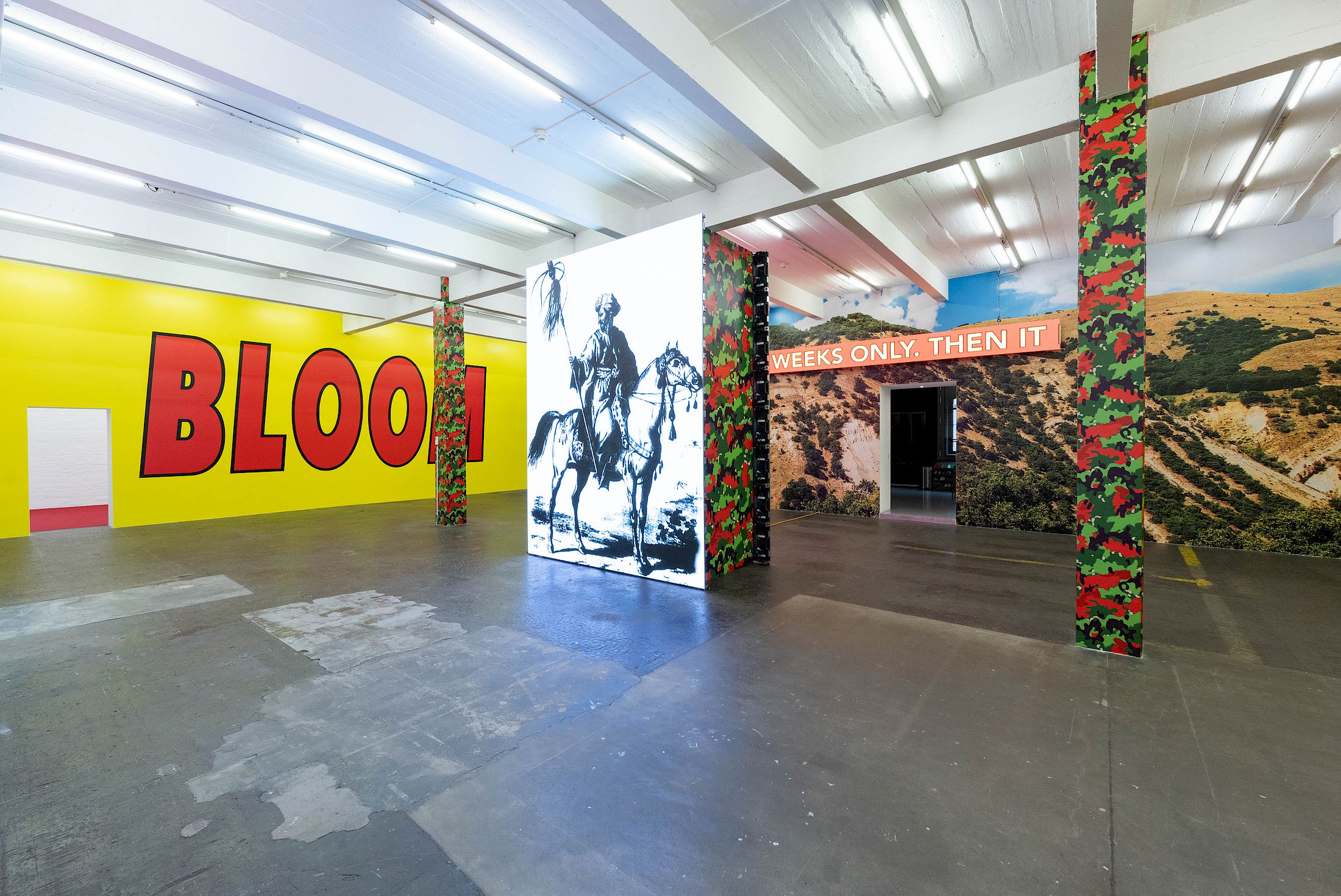 Exhibition View Solo Show Cemile Sahin «BB – BORN TO BLOOM ; view on BB – BORN TO BLOOM, 2025, 4-channel video installation on LED screens with sound, 5min 10s, wallpaper» at Kunst Halle Sankt Gallen, Sankt Gallen, 2025 / Photo: E. Sommer / Courtesy: the artist and Esther Schipper, Berlin/Paris/Seoul