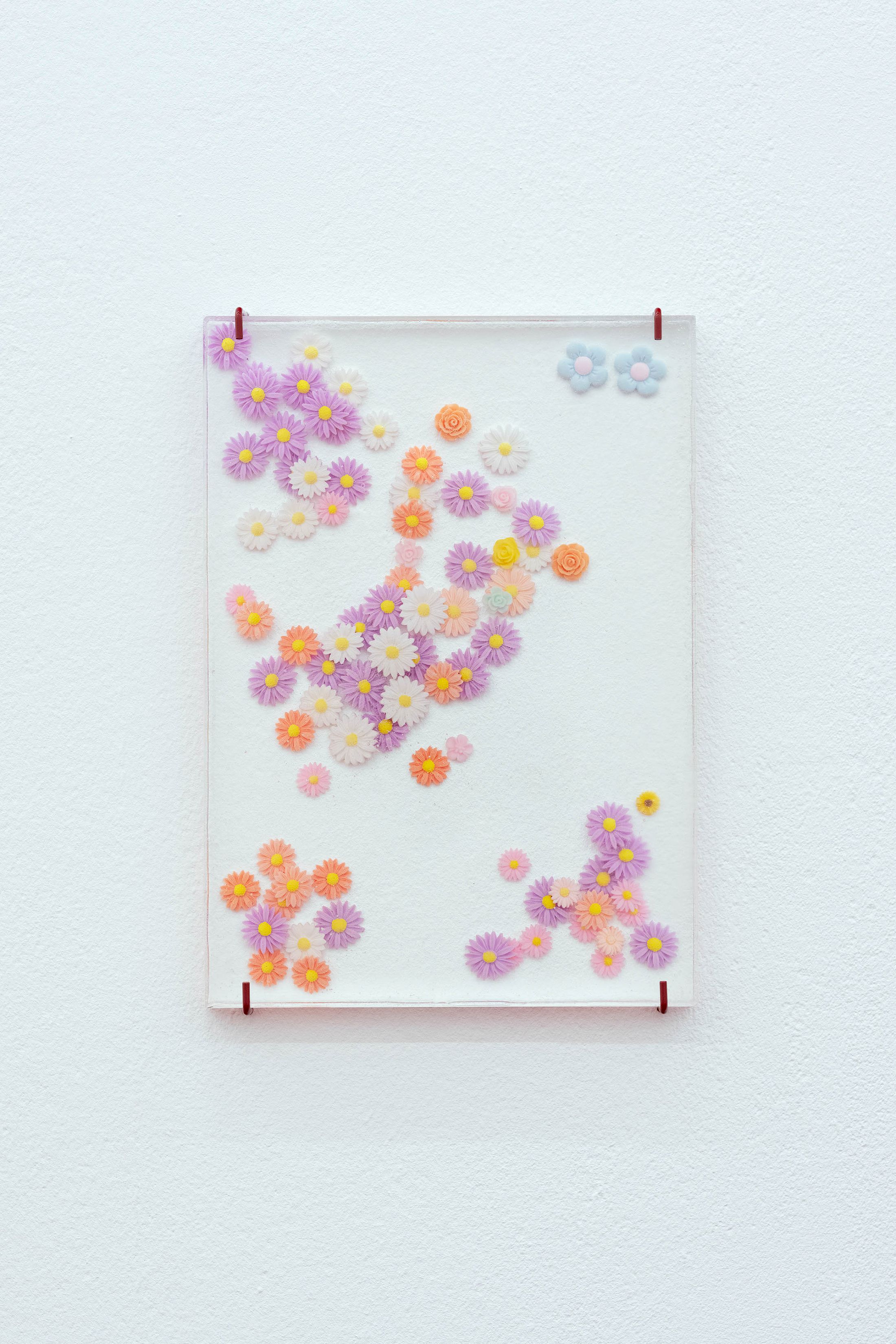 Exhibition View Solo Show Cemile Sahin «BB – BORN TO BLOOM ; view on BB – BORN TO BLOOM, 2025, Epoxy resin panel with embedded acrylic flowers, 25 x 30 x 2 cm» at Kunst Halle Sankt Gallen, Sankt Gallen, 2025 / Photo: E. Sommer / Courtesy: the artist and Esther Schipper, Berlin/Paris/Seoul