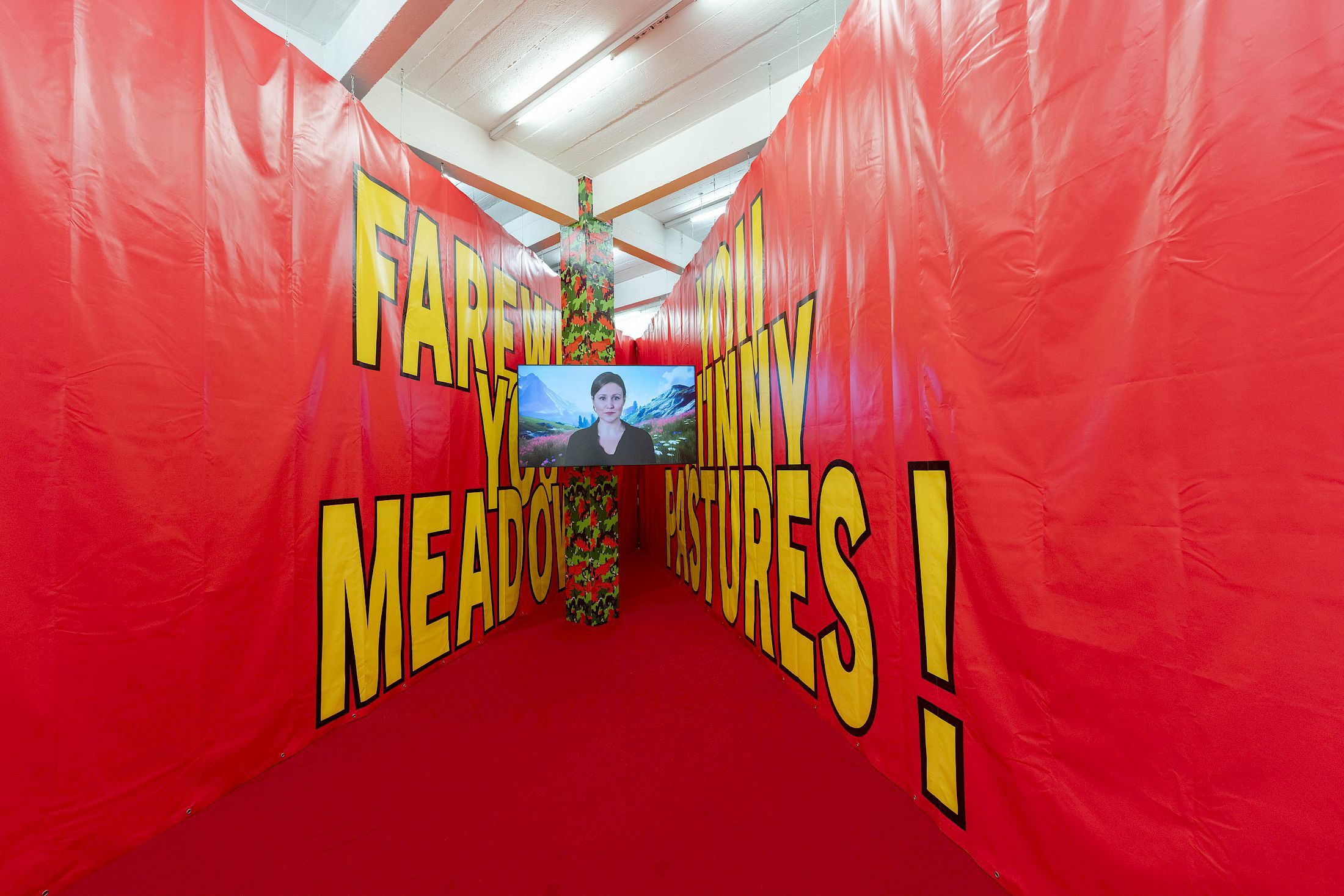 Exhibition View Solo Show Cemile Sahin «BB – BORN TO BLOOM ; view on Rifle in the closet, 2023, video with sound on 75’ TV, PVC-curtains» at Kunst Halle Sankt Gallen, Sankt Gallen, 2025 / Photo: E. Sommer / Courtesy: the artist and Esther Schipper, Berlin/Paris/Seoul