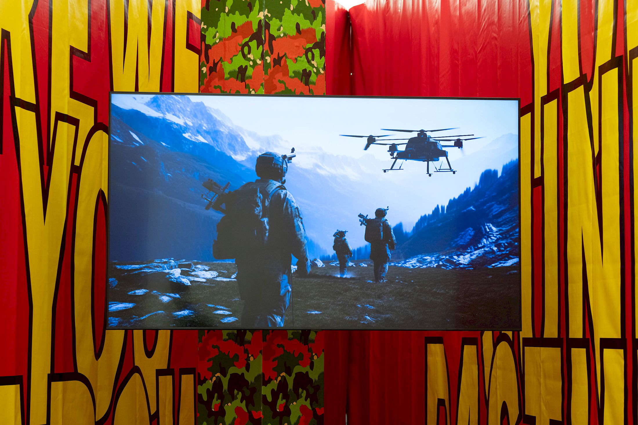 Exhibition View Solo Show Cemile Sahin «BB – BORN TO BLOOM ; view on Rifle in the closet (detail), 2023, video with sound on 75’ TV, PVC-curtains» at Kunst Halle Sankt Gallen, Sankt Gallen, 2025 / Photo: E. Sommer / Courtesy: the artist and Esther Schipper, Berlin/Paris/Seoul