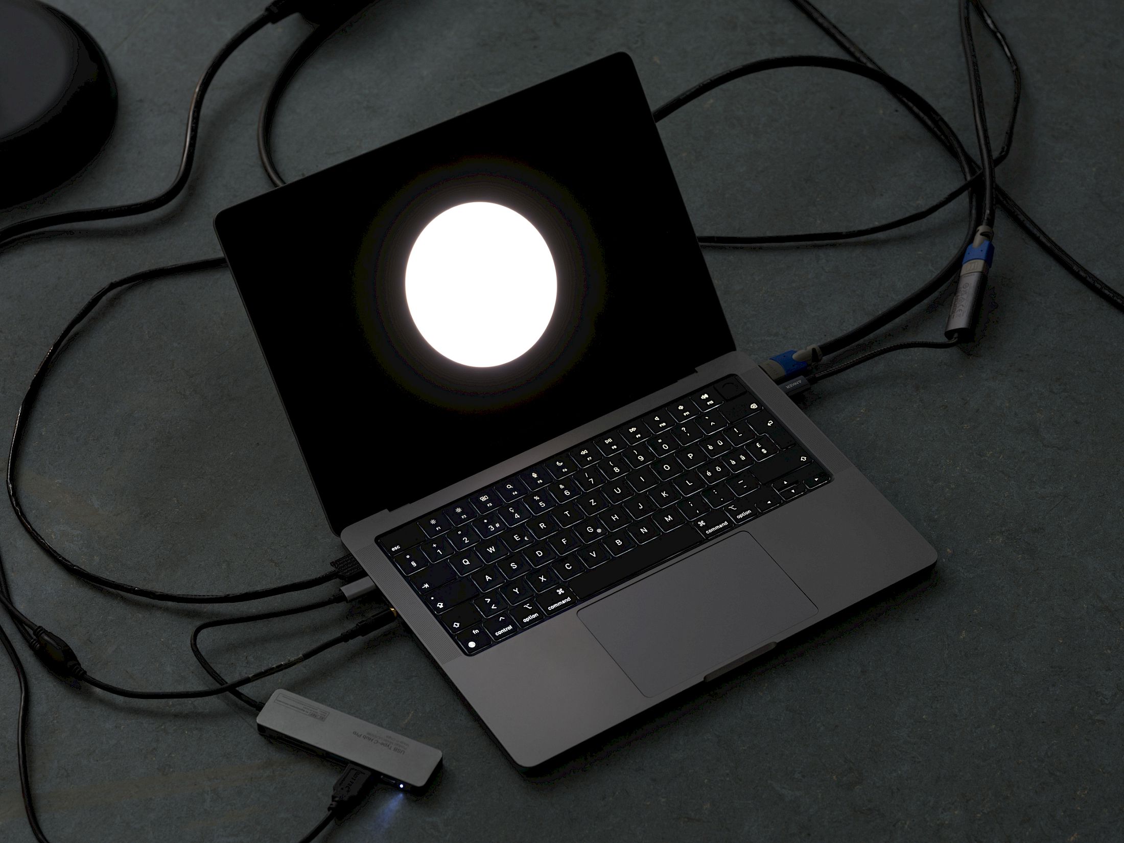 Exhibition View Solo Show Daria Blum «HOME SCREEN ; view on HOME SCREEN, detail, 2026, Programmed video, sound and light script, 20 IKEA TÅGARP lamps, 3 BOTEX DMX-Switchpacks, disco ball, loop, Dimensions variable» at marytwo, Luzern, 2026 / Photo: Julian Blum / Courtesy: the artist and marytwo