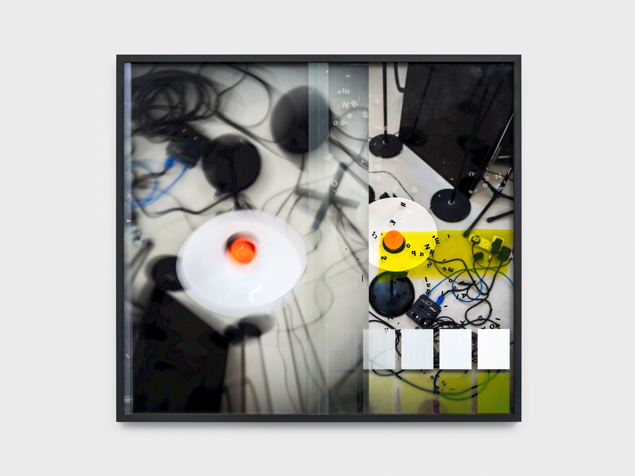 Exhibition View Solo Show Daria Blum «HOME SCREEN ; view on the window in the toilet stall is open and i see two kids in the courtyard eating tesco sandwiches, 2026, Archival pigment print, UV print and vinyl on museum glass, tape, finger prints, 46 × 50.5 cm» at marytwo, Luzern, 2026 / Photo: Julian Blum / Courtesy: the artist and marytwo