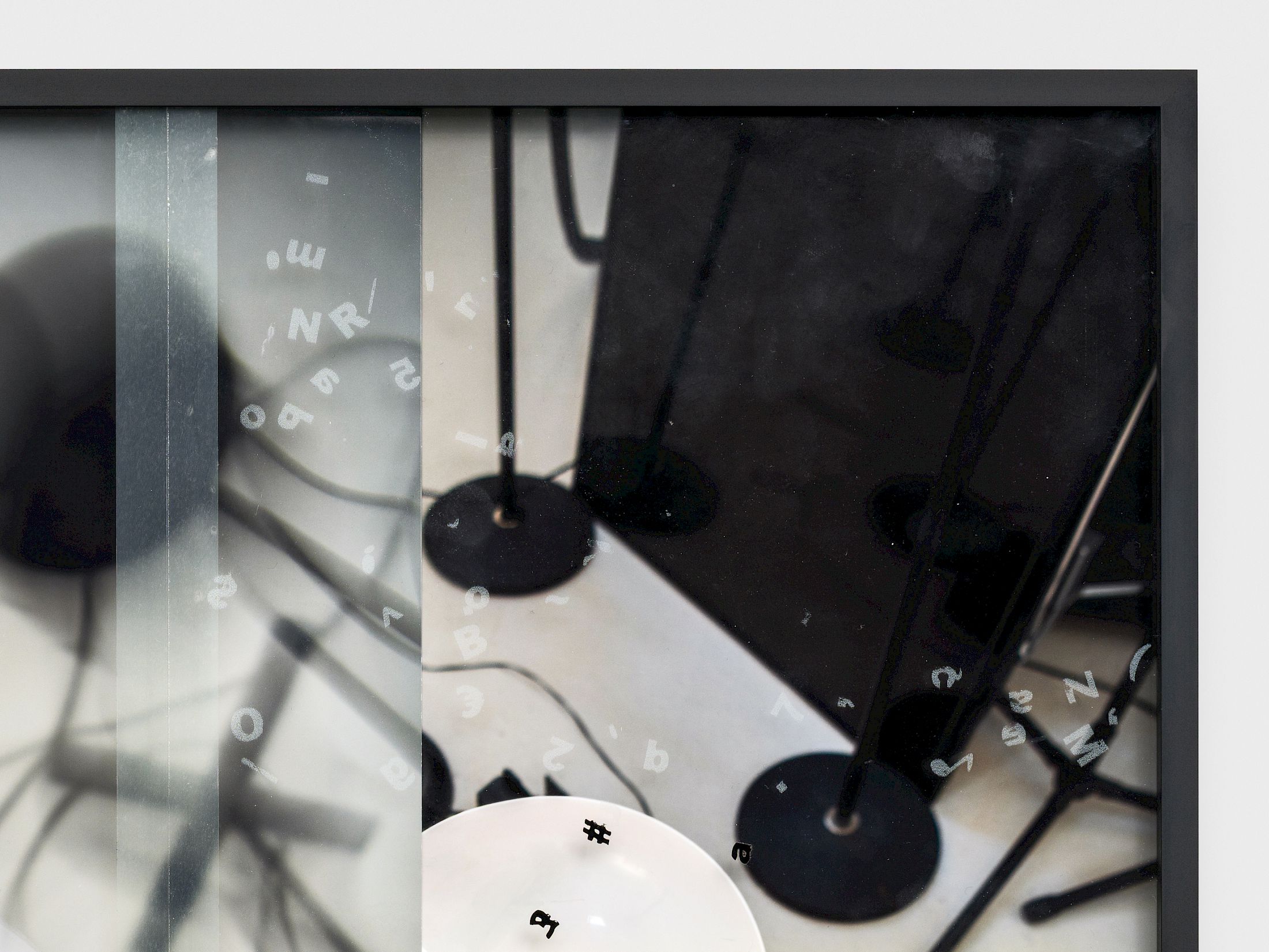 Exhibition View Solo Show Daria Blum «HOME SCREEN ; view on the window in the toilet stall is open and i see two kids in the courtyard eating tesco sandwiches, detail, 2026, Archival pigment print, UV print and vinyl on museum glass, tape, finger prints, 46 × 50.5 cm» at marytwo, Luzern, 2026 / Photo: Julian Blum / Courtesy: the artist and marytwo