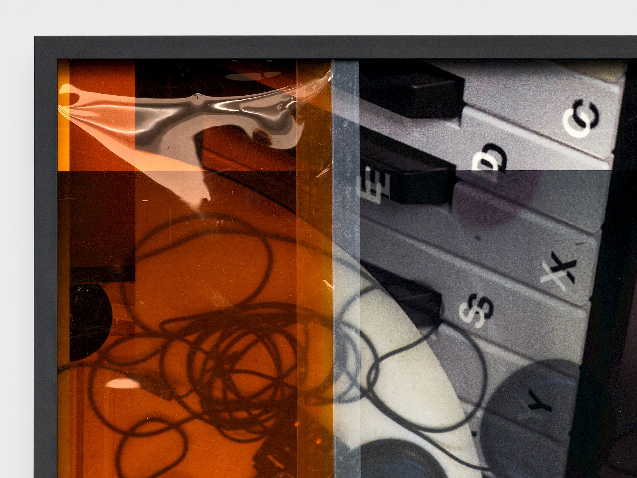 Exhibition View Solo Show Daria Blum «HOME SCREEN ; view on  i guess at that age you’re more resilient even if the ambulance takes a while my child would make it, detail, 2026, Archival pigment print, UV print on museum glass, coloured lighting gel, tape, 46 × 26 cm» at marytwo, Luzern, 2026 / Photo: Julian Blum / Courtesy: the artist and marytwo