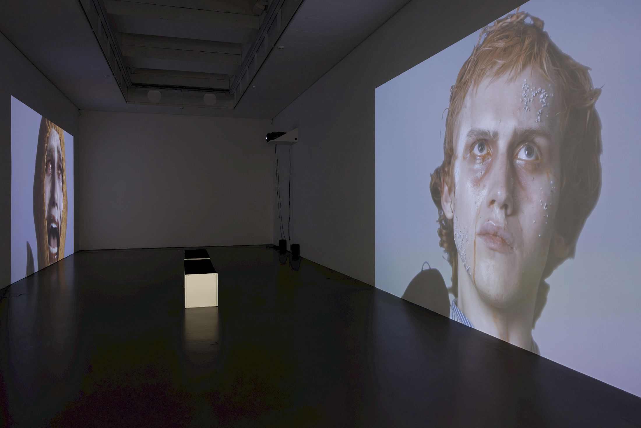 Exhibition View Dorota Gawęda & Eglė Kulbokaitė Solo Show «Death by Landscape; view on Dorota Gawęda & Eglė Kulbokaitė, Mouthless Part III, 2023, two channel HD film and sound, 29’» at Haus für Kunst Uri, Altdorf, 2025 / Photo: Franz-Xaver Brun / Courtesy: the artists and Haus für Kunst Uri