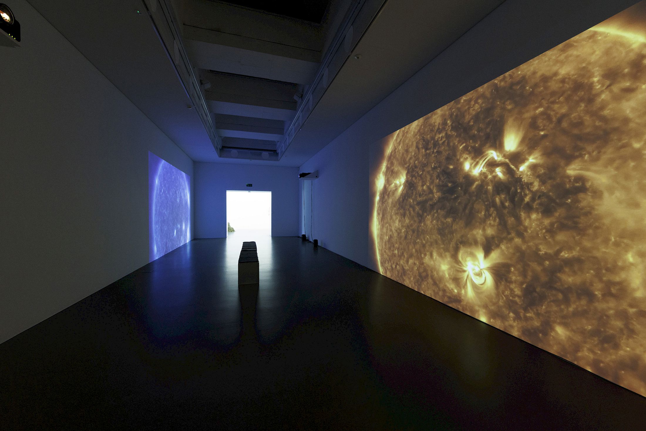 Exhibition View Dorota Gawęda & Eglė Kulbokaitė Solo Show «Death by Landscape; view on Dorota Gawęda & Eglė Kulbokaitė, Mouthless Part III, 2023, two channel HD film and sound, 29’» at Haus für Kunst Uri, Altdorf, 2025 / Photo: Franz-Xaver Brun / Courtesy: the artists and Haus für Kunst Uri