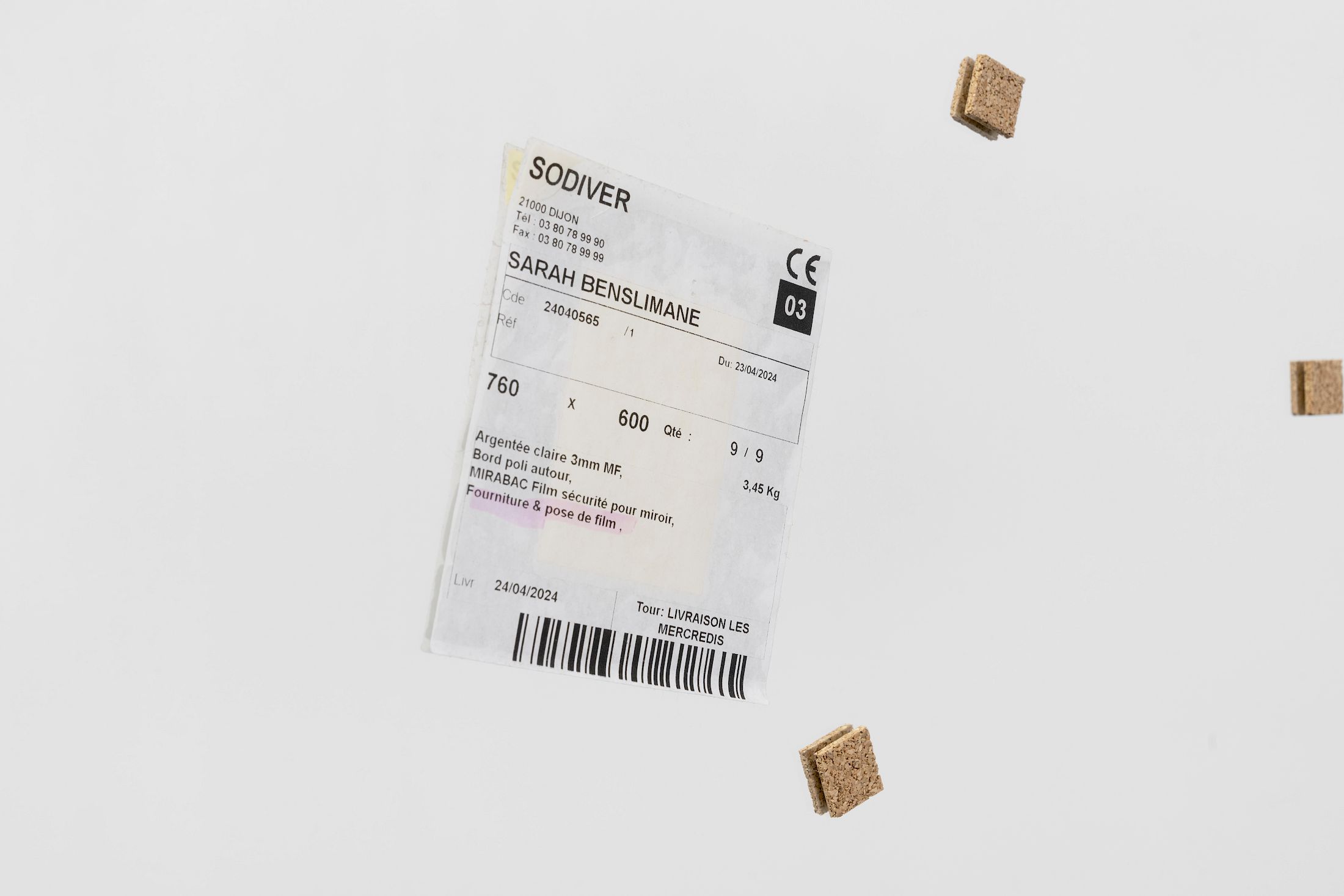 Exhibition View Group Show «Ecstatic Trance: Artists on Rock My Religion ; view on Sarah Benslimane, Untitled (detail), 2025, Mirror, transport etiquette, cork, 60 × 76 × 1 cm» at marytwo, Luzern, 2025-2026 / Photo: Jack Pryce / Courtesy: the artist and marytwo