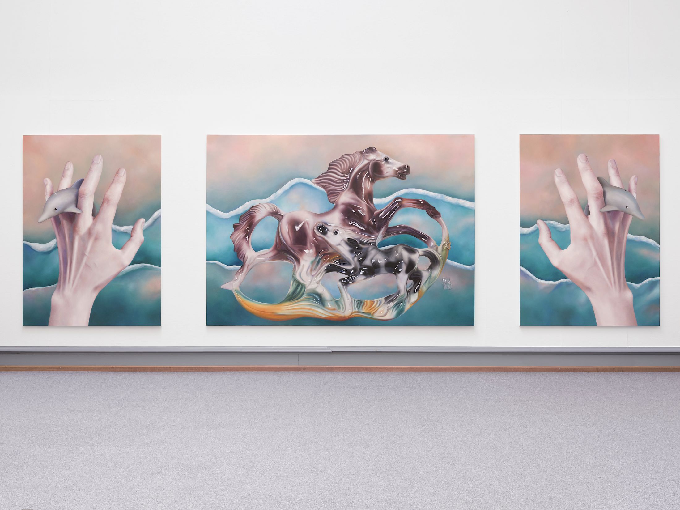 Exhibition View Solo Show Francisco Sierra «Alfombra ; view on Mare e Monti in Mano, 2025, Oil on canvas, 210 × 700 cm» at Kunstmuseum Solothurn, 2025-2026 / Photo: Sebastian Verdon / Courtesy: the artist and Kunstmuseum Solothurn